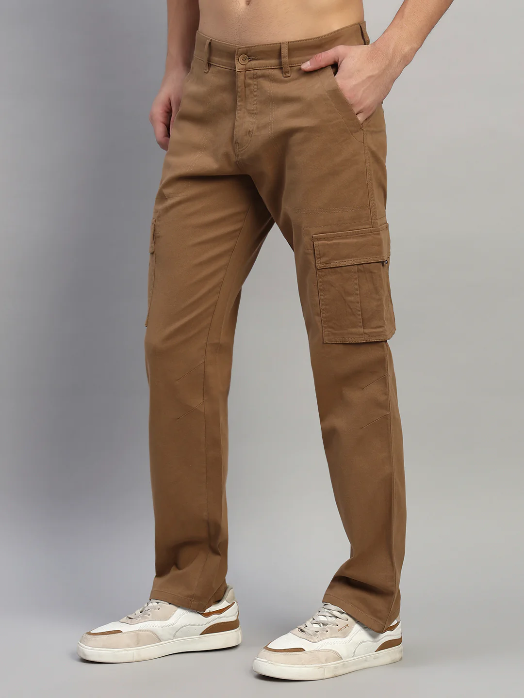 Men's Solid Camel Regular Fit Casual Cargo - Image 5