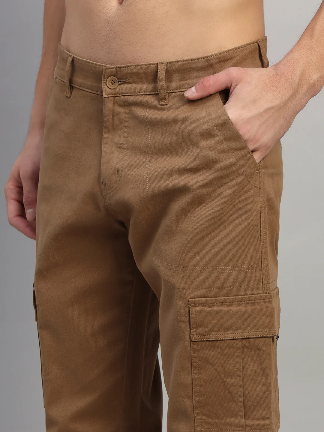 Men's Solid Camel Regular Fit Casual Cargo - Image 7