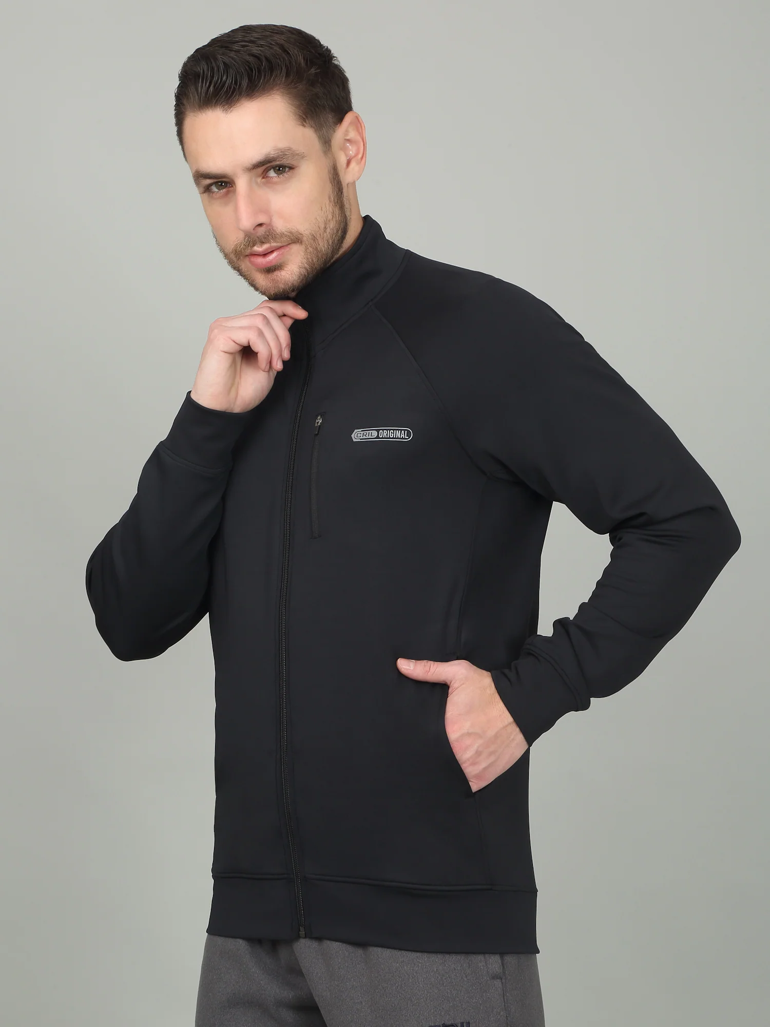 Men's Solid Charcoal Mock Neck Jacket - Image 3