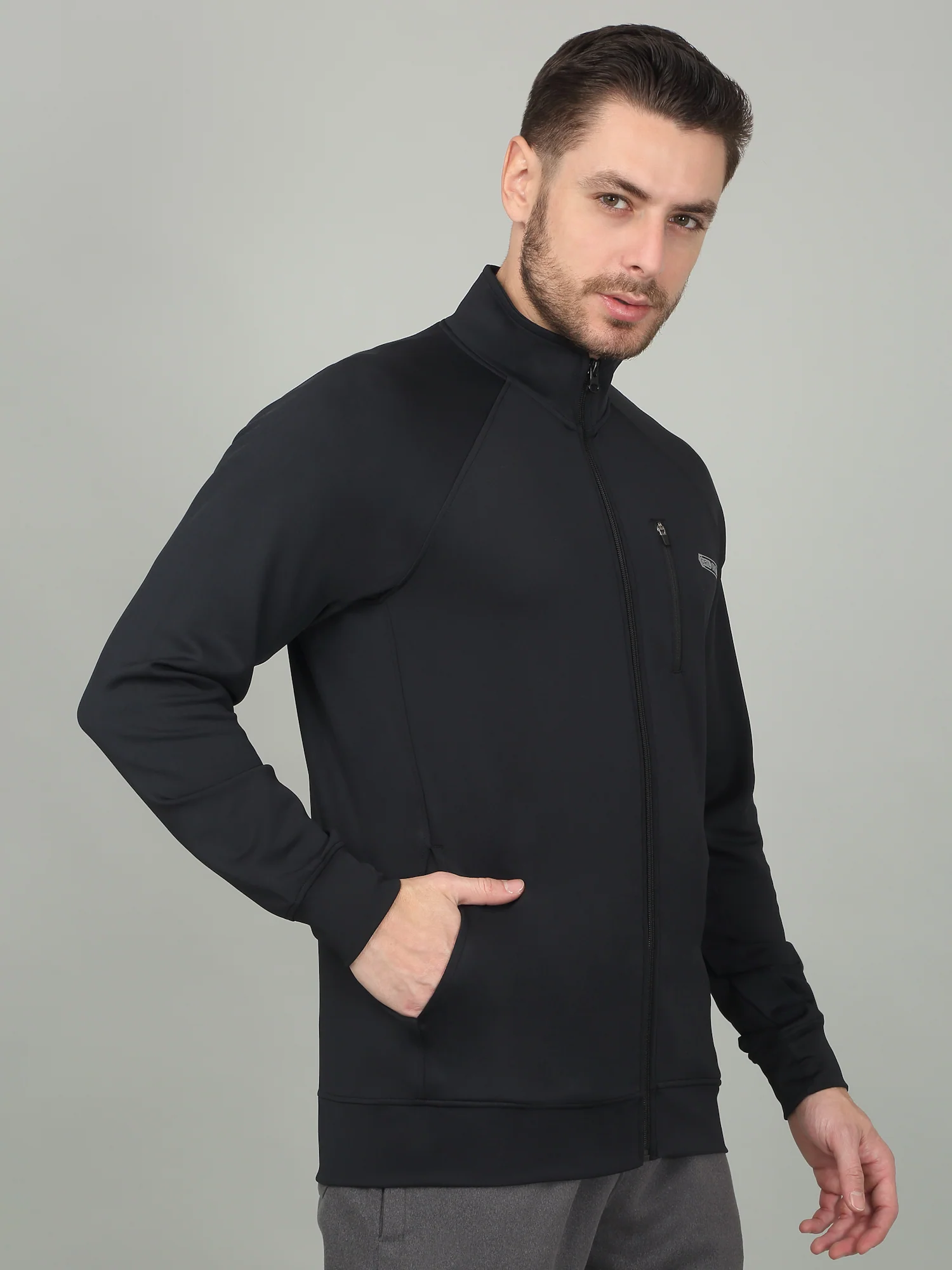 Men's Solid Charcoal Mock Neck Jacket - Image 4
