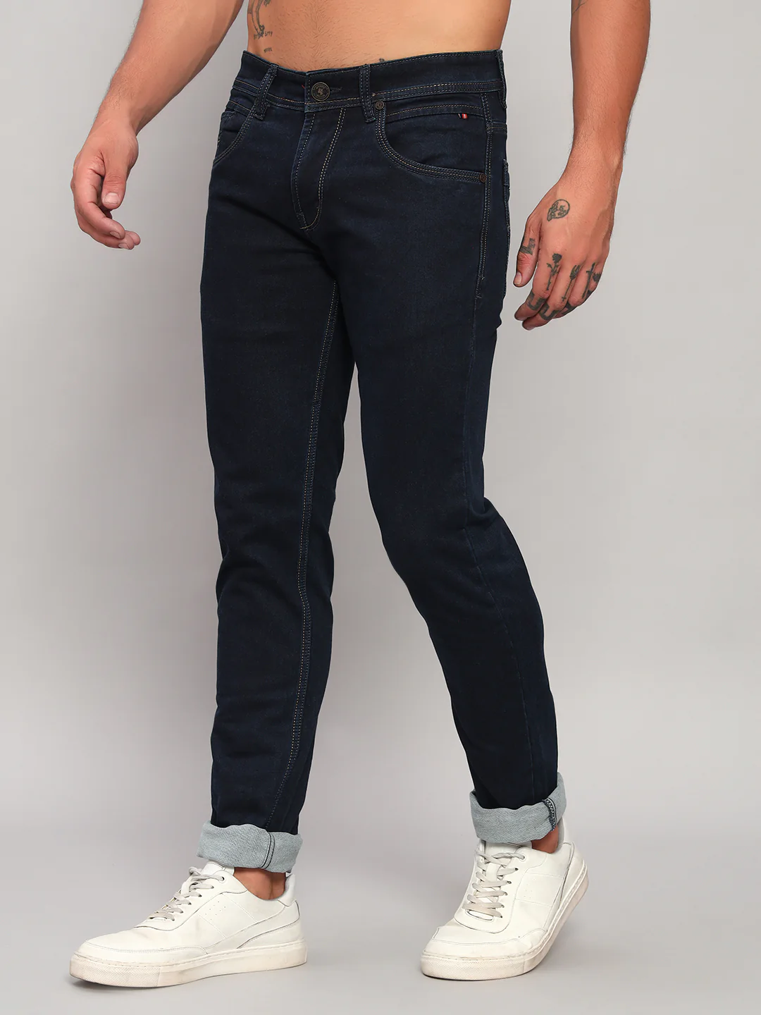 Denim Jeans for Men l Breathable & Soft with Color Fastness Ultra Narrow Fit Cotton Fabric Solid Pattern Button Closure - Image 4