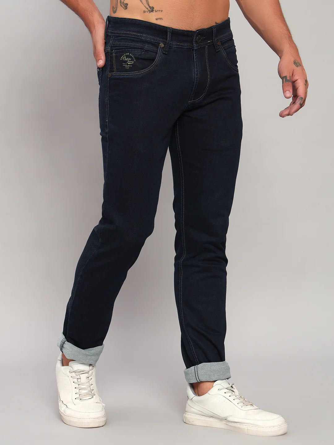 Denim Jeans for Men l Breathable & Soft with Color Fastness Ultra Narrow Fit Cotton Fabric Solid Pattern Button Closure - Image 5