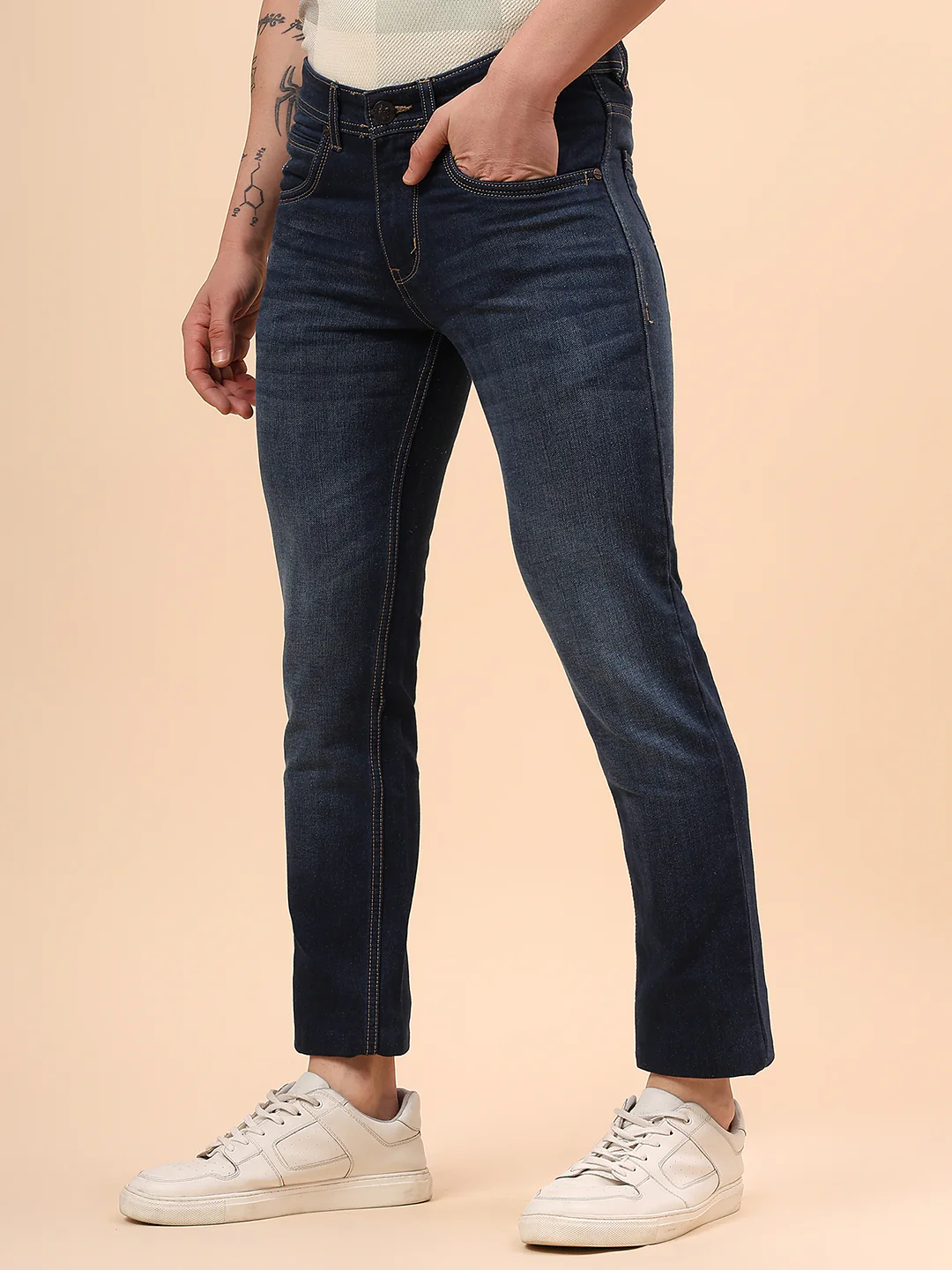 Denim Jeans for Men l Breathable & Soft with Color Fastness Ultra Narrow Fit Cotton Fabric Solid Pattern Button Closure - Image 5