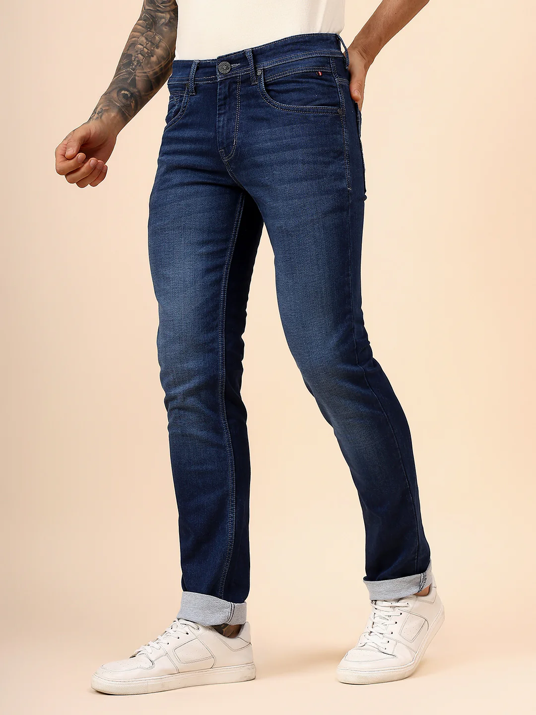 Denim Jeans for Men l Breathable & Soft with Color Fastness Ultra Narrow Fit Cotton Fabric Solid Pattern Button Closure - Image 4