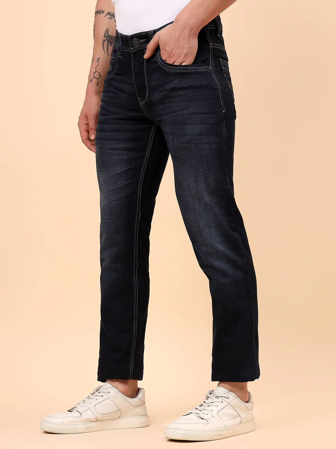 Denim Jeans for Men l Breathable & Soft with Color Fastness Ultra Narrow Fit Cotton Fabric Solid Pattern Button Closure - Image 5