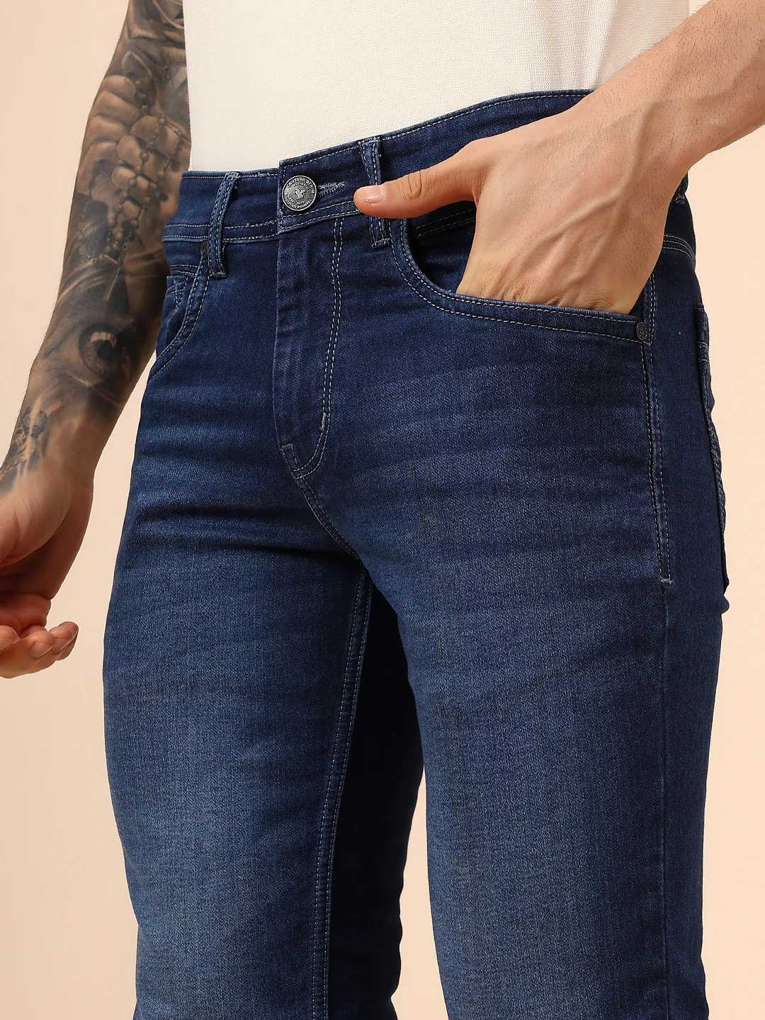 Denim Jeans for Men l Breathable & Soft with Color Fastness Ultra Narrow Fit Cotton Fabric Solid Pattern Button Closure - Image 7