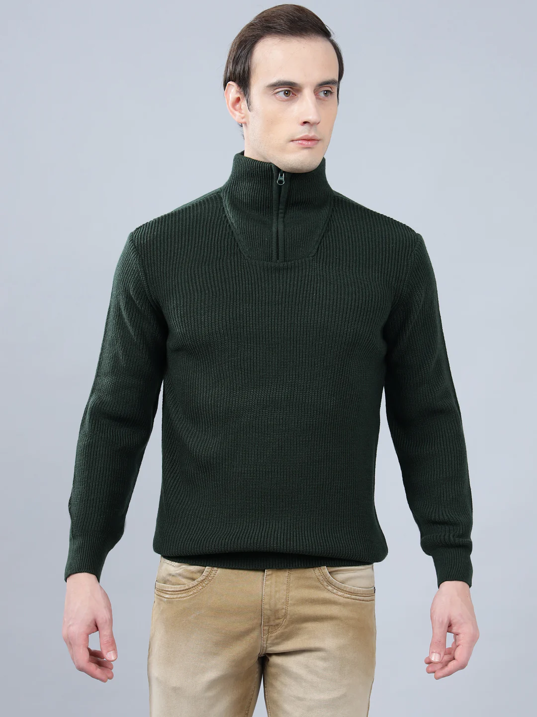 Men's Solid Dark Green Full Sleeve Sweater - Image 3