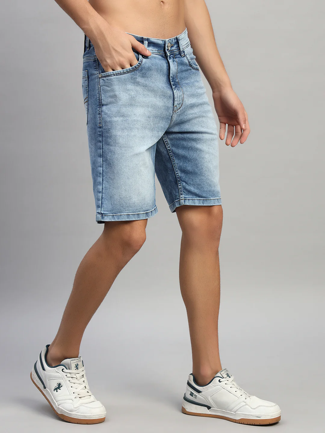 Men's Solid Denim Blue Regular Fit Casual Bermuda - Image 6