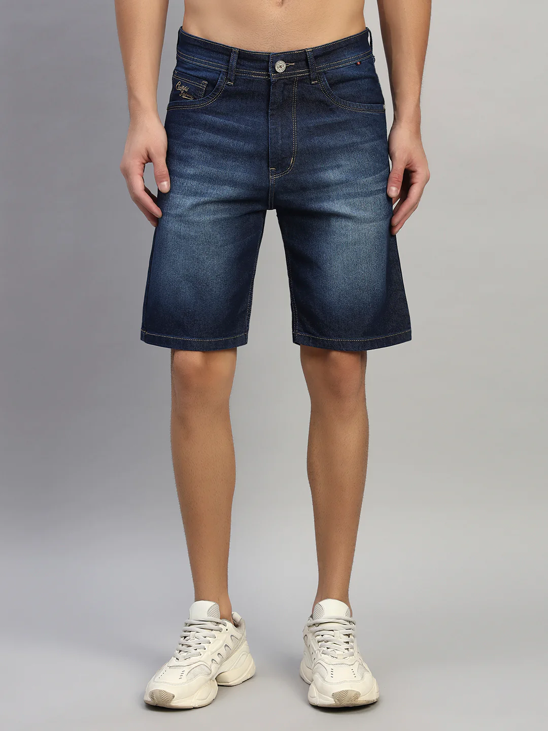 Men's Solid Denim Blue Regular Fit Casual Bermuda - Image 3
