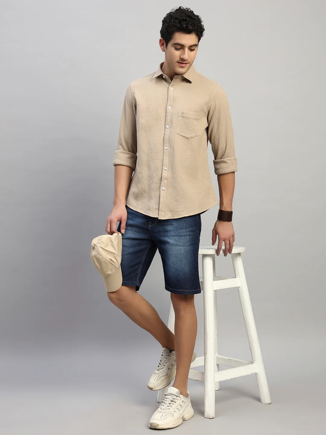 Men's Solid Denim Blue Regular Fit Casual Bermuda - Image 8