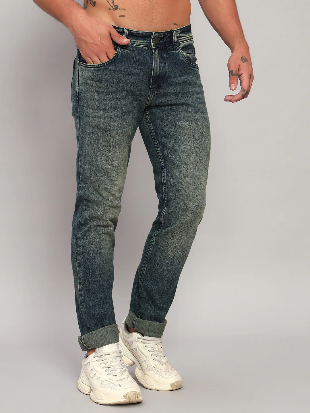 Denim Jeans for Men l Breathable & Soft with Color Fastness Ultra Narrow Fit Cotton Fabric Solid Pattern Button Closure - Image 4