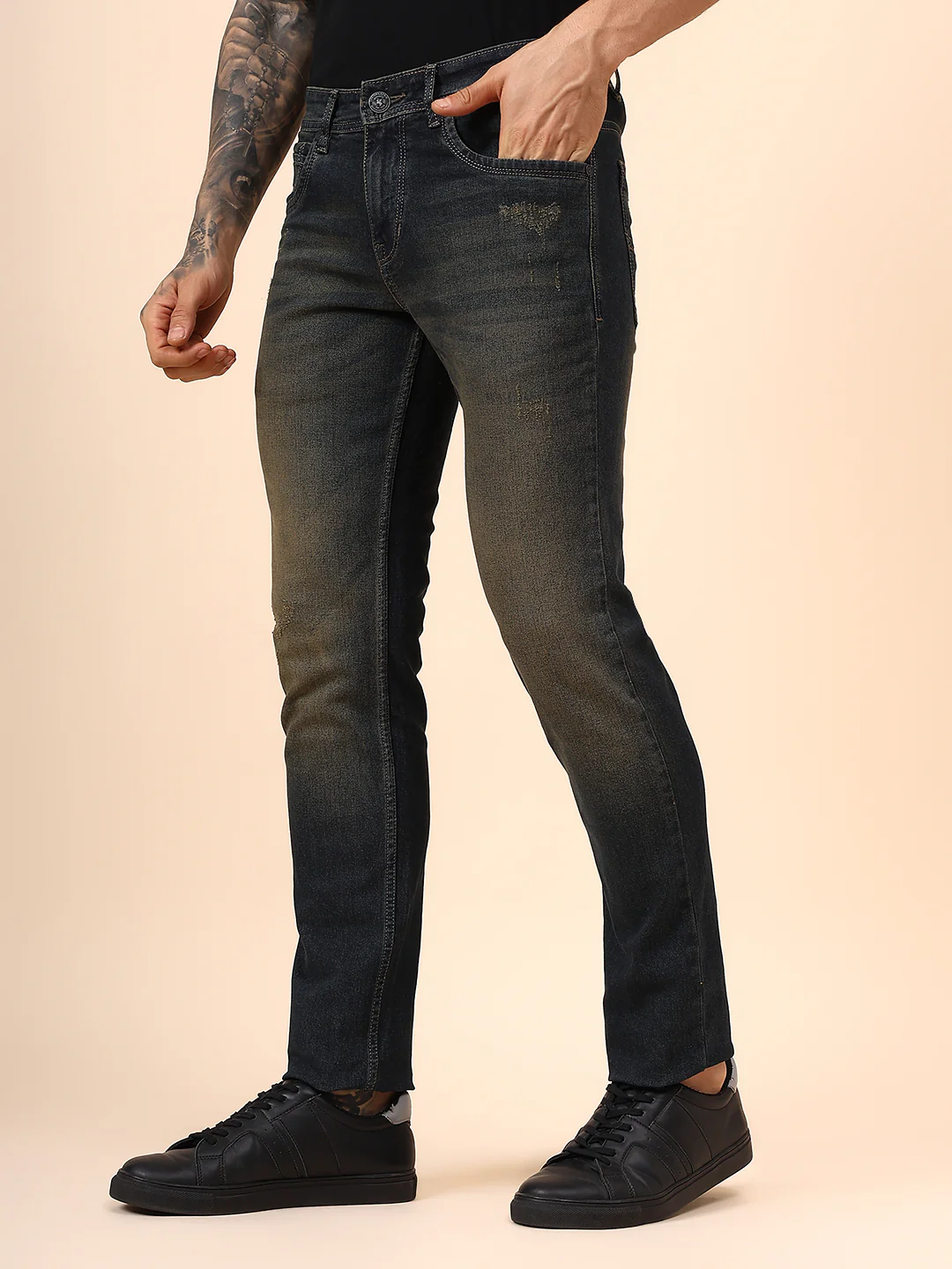Denim Jeans for Men l Breathable & Soft with Color Fastness Ultra Narrow Fit Cotton Fabric Solid Pattern Button Closure - Image 4