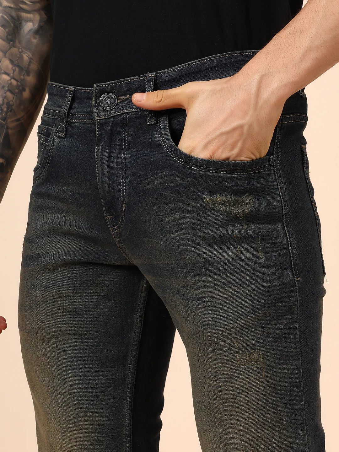 Denim Jeans for Men l Breathable & Soft with Color Fastness Ultra Narrow Fit Cotton Fabric Solid Pattern Button Closure - Image 7