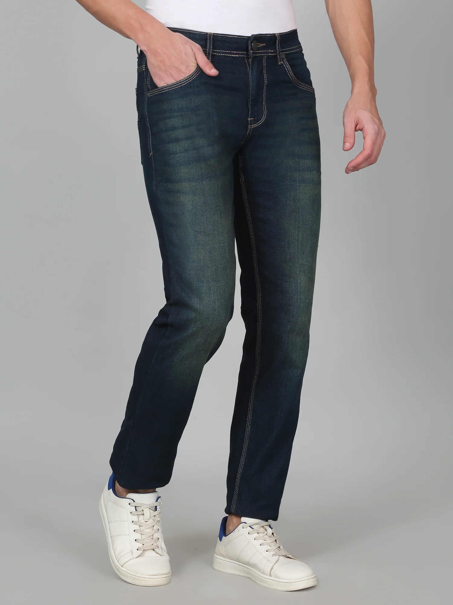 Denim Jeans for Men l Breathable & Soft with Color Fastness Ultra Narrow Fit Cotton Fabric Solid Pattern Button Closure - Image 3