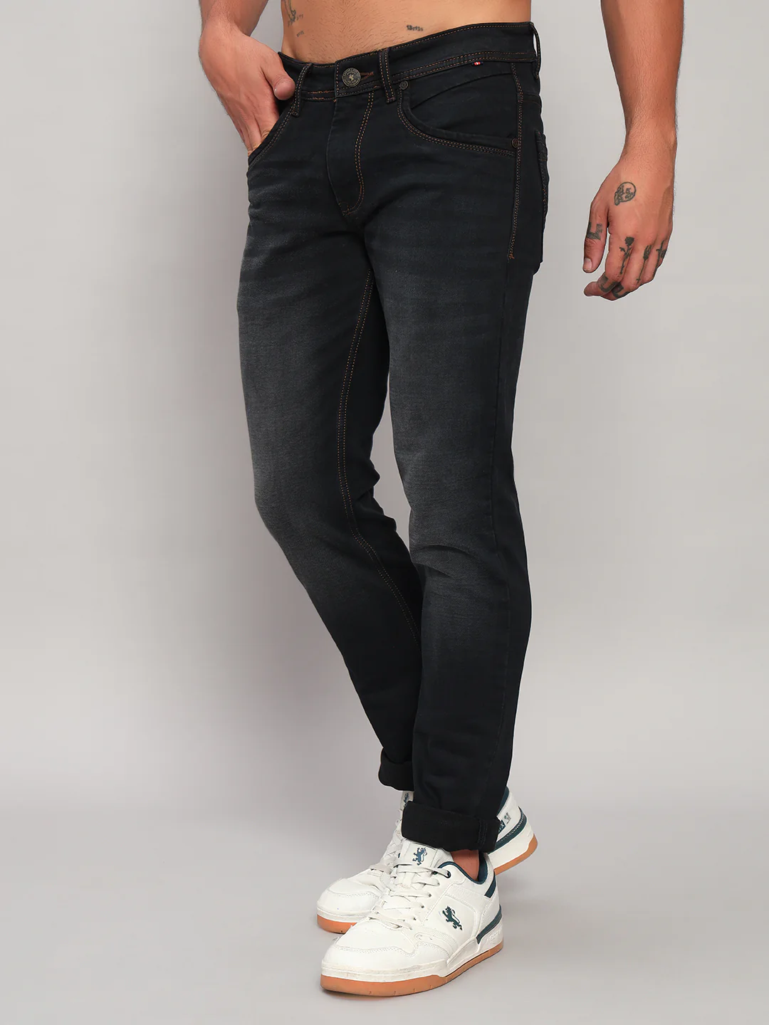Denim Jeans for Men l Breathable & Soft with Color Fastness Ultra Narrow Fit Cotton Fabric Solid Pattern Button Closure - Image 4