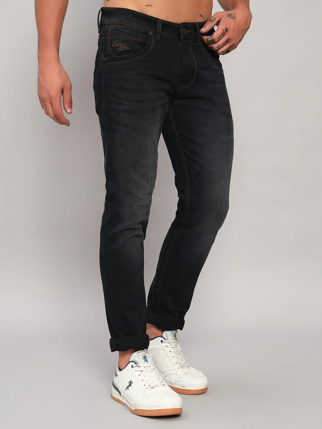 Denim Jeans for Men l Breathable & Soft with Color Fastness Ultra Narrow Fit Cotton Fabric Solid Pattern Button Closure - Image 5