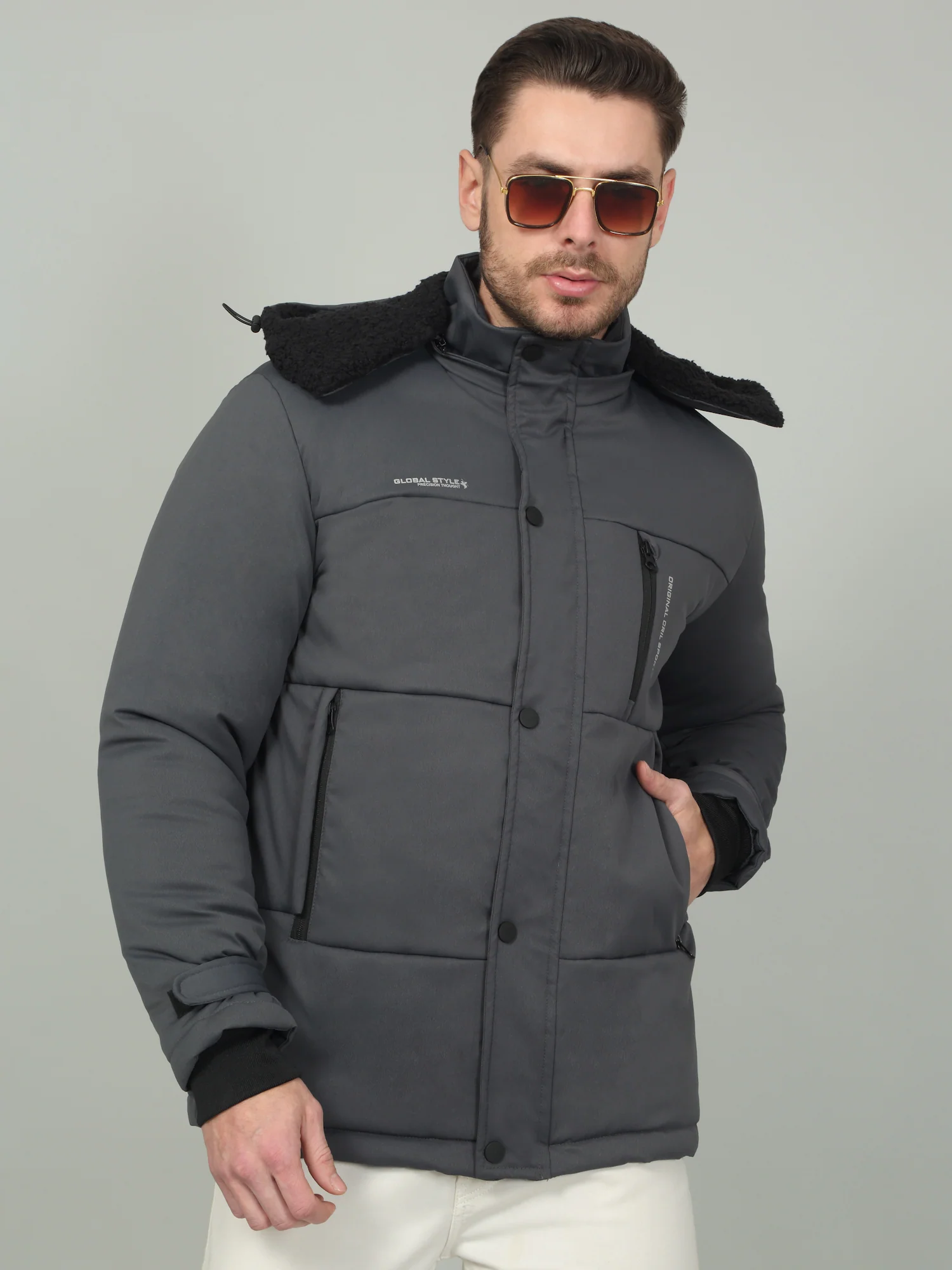Men's Solid Grey Hooded Neck Jacket - Image 3