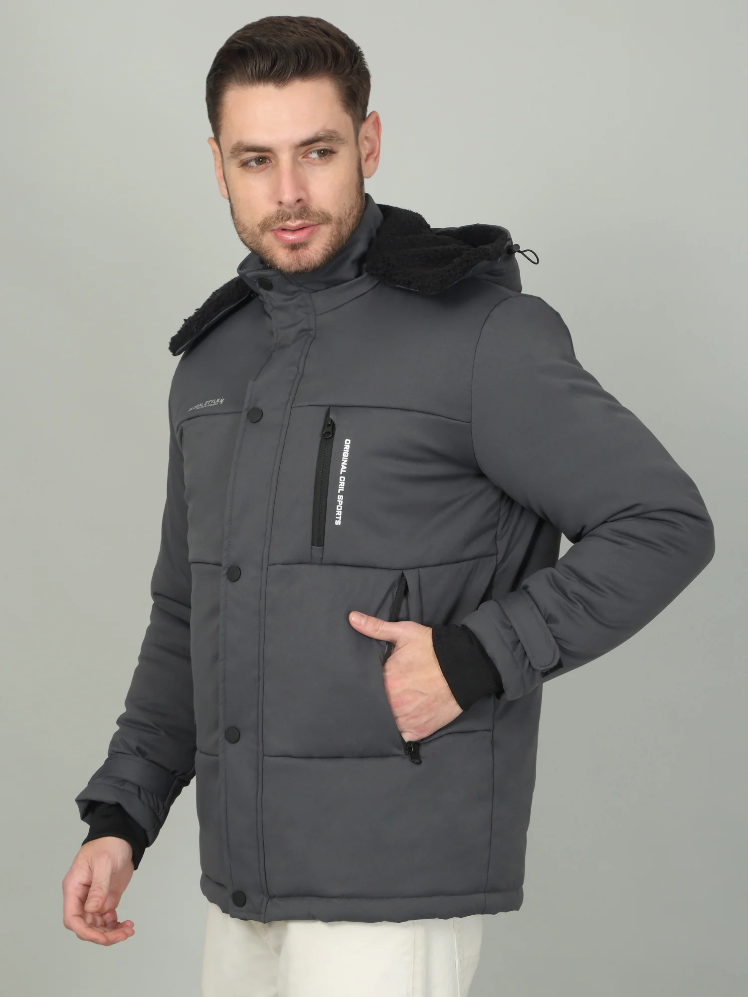 Men's Solid Grey Hooded Neck Jacket - Image 4
