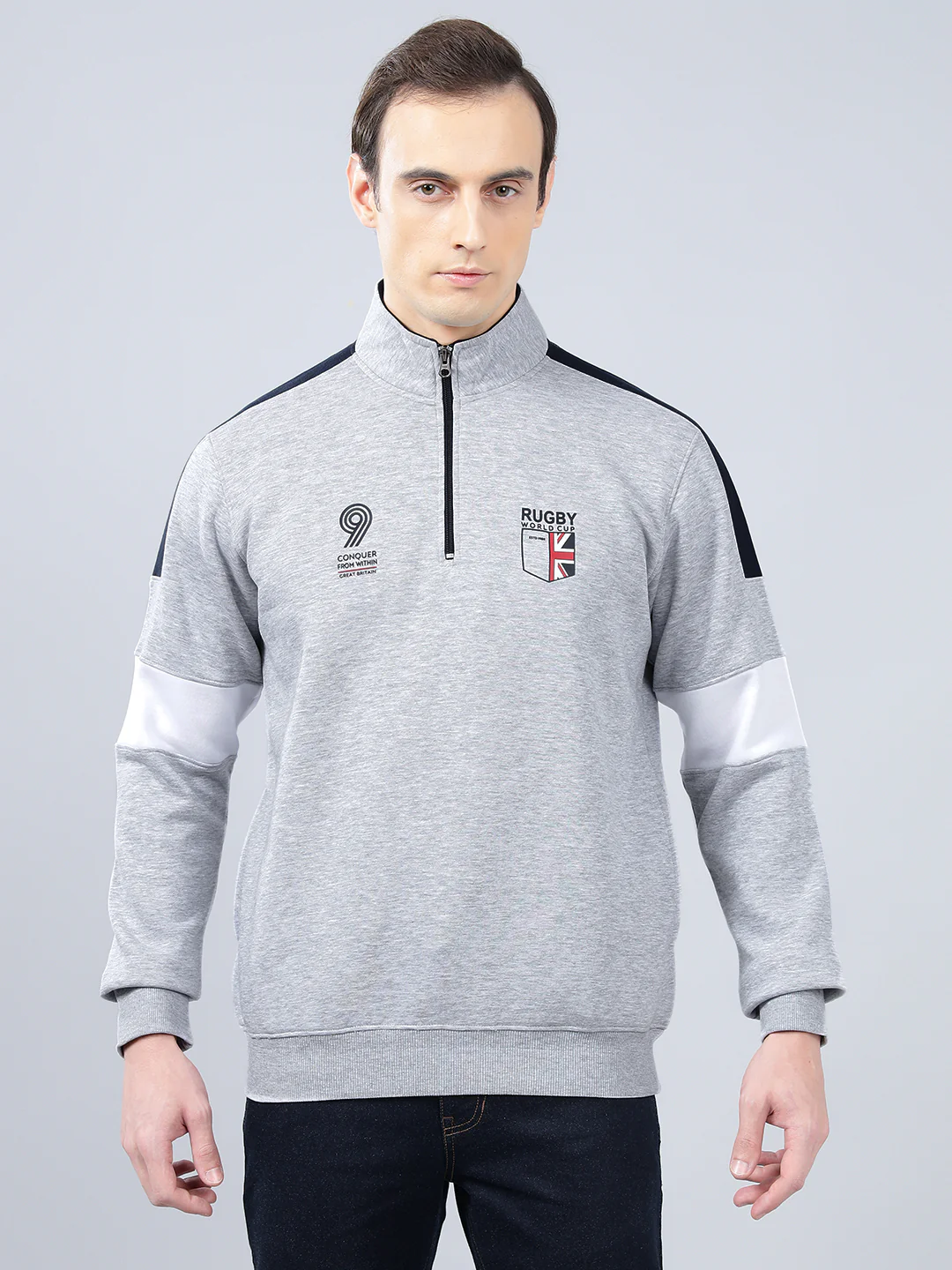 Men's Solid Grey Melange Mock Collar Sweatshirt - Image 3