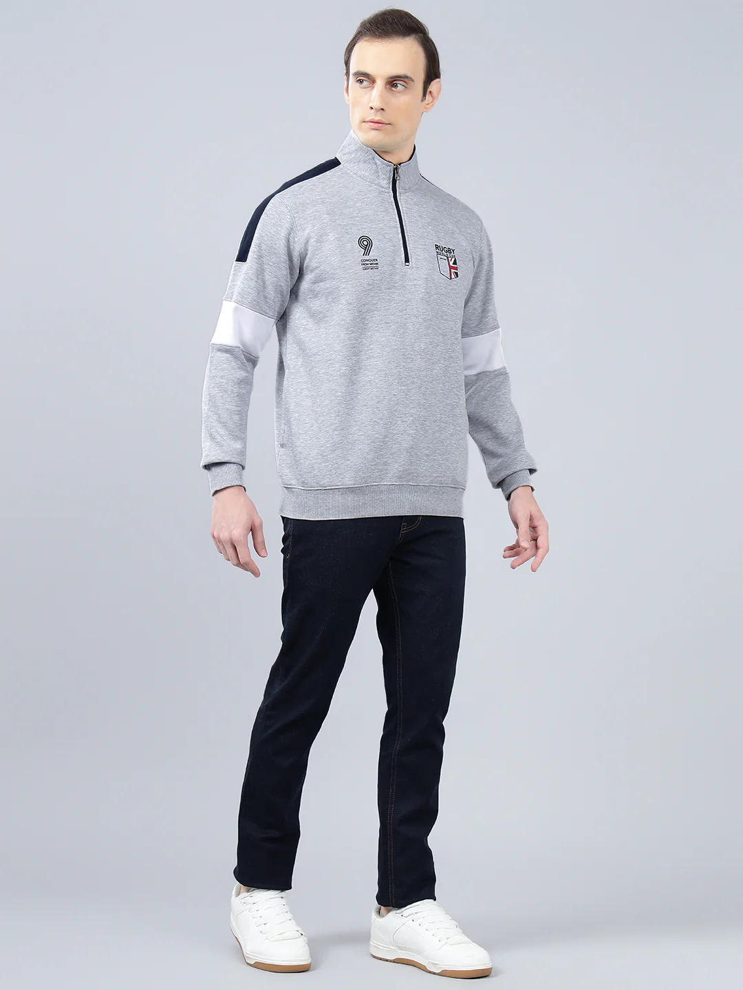 Men's Solid Grey Melange Mock Collar Sweatshirt - Image 4