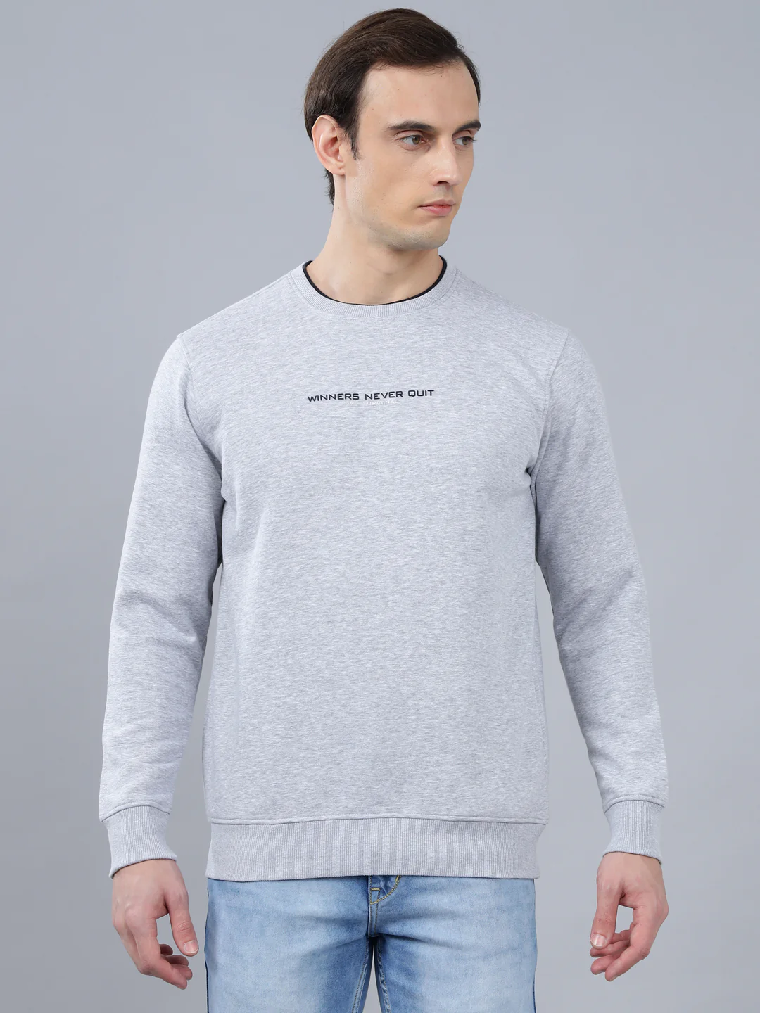 Men's Solid Grey Melange Round Neck Sweatshirt - Image 3