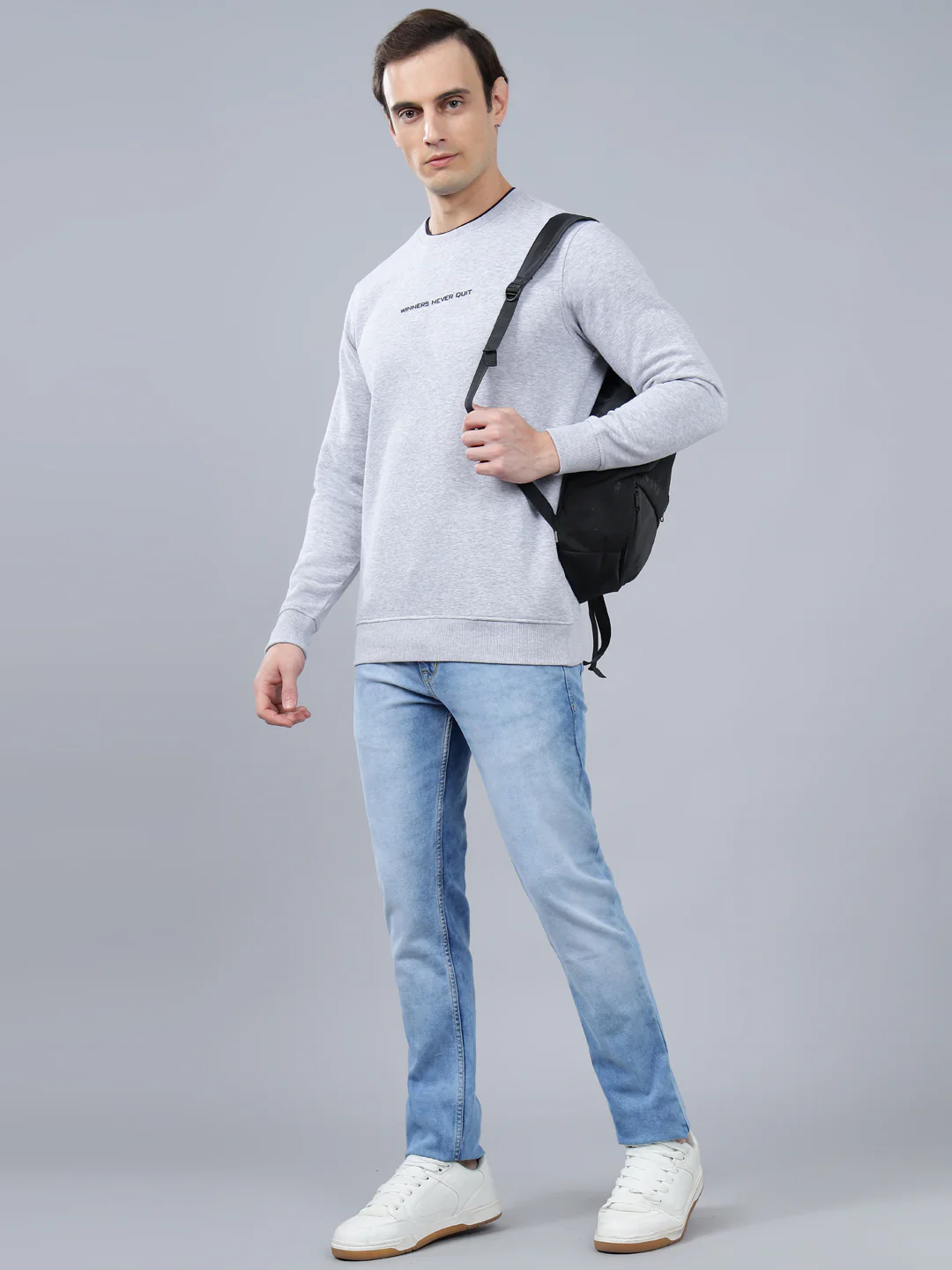 Men's Solid Grey Melange Round Neck Sweatshirt - Image 4