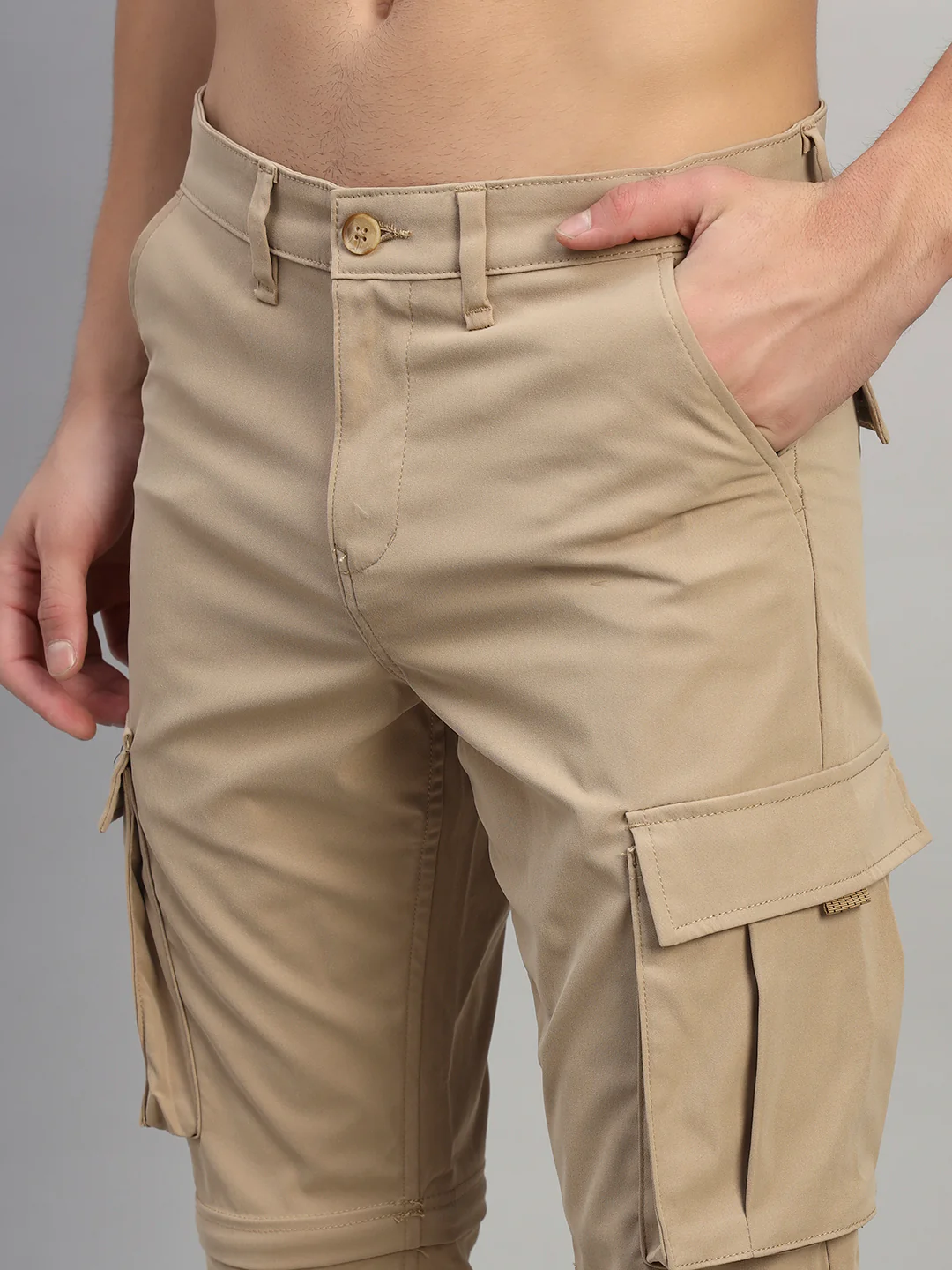 Men's Solid Khaki Regular Fit Casual Cargo - Image 7