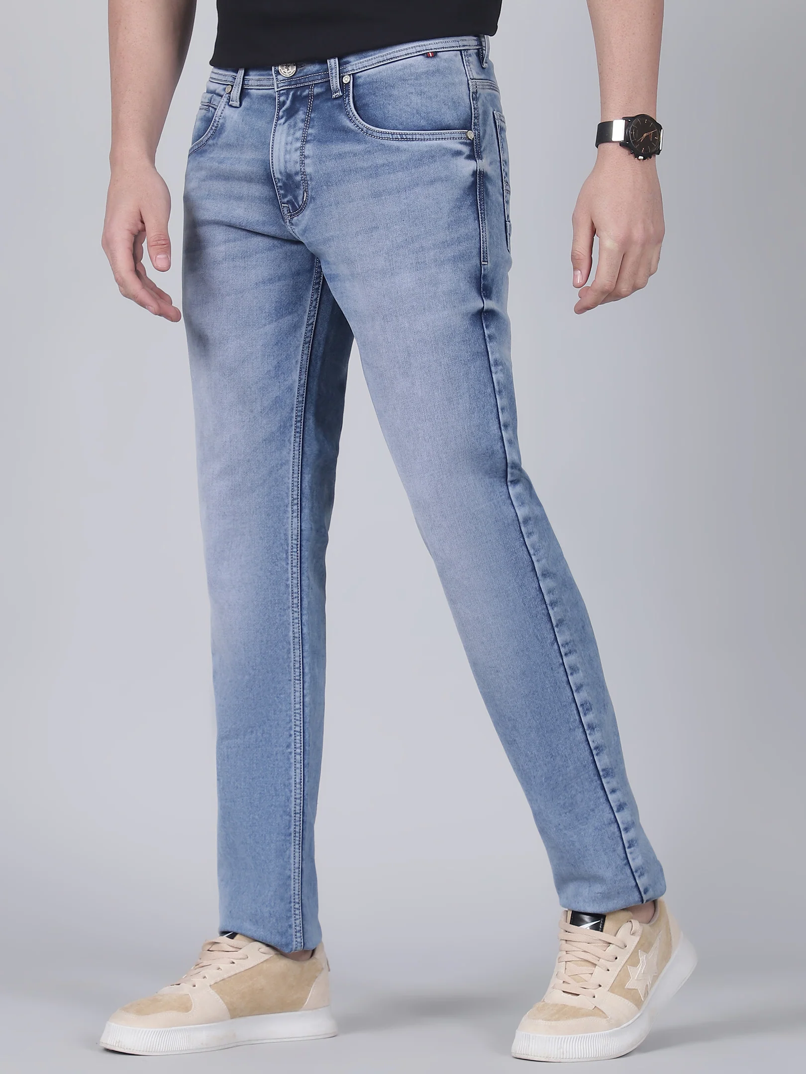 Denim Jeans for Men l Breathable & Soft with Color Fastness Ultra Narrow Fit Cotton Fabric Solid Pattern Button Closure - Image 2