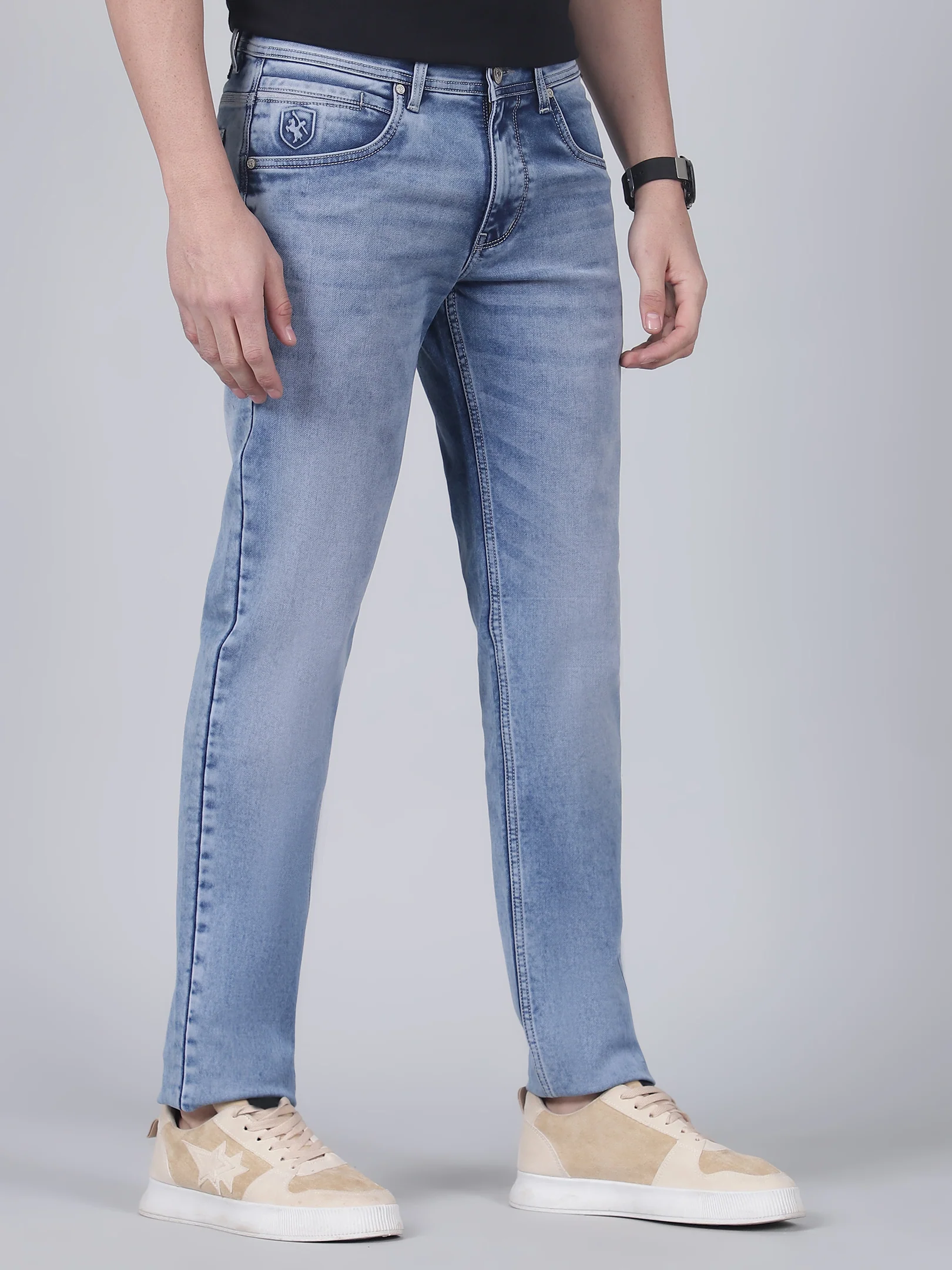 Denim Jeans for Men l Breathable & Soft with Color Fastness Ultra Narrow Fit Cotton Fabric Solid Pattern Button Closure - Image 4