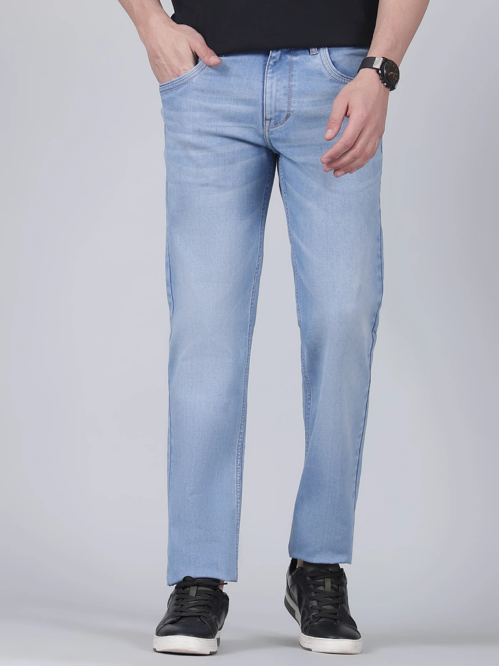 Denim Jeans for Men l Breathable & Soft with Color Fastness Ultra Narrow Fit Cotton Fabric Solid Pattern Button Closure - Image 2