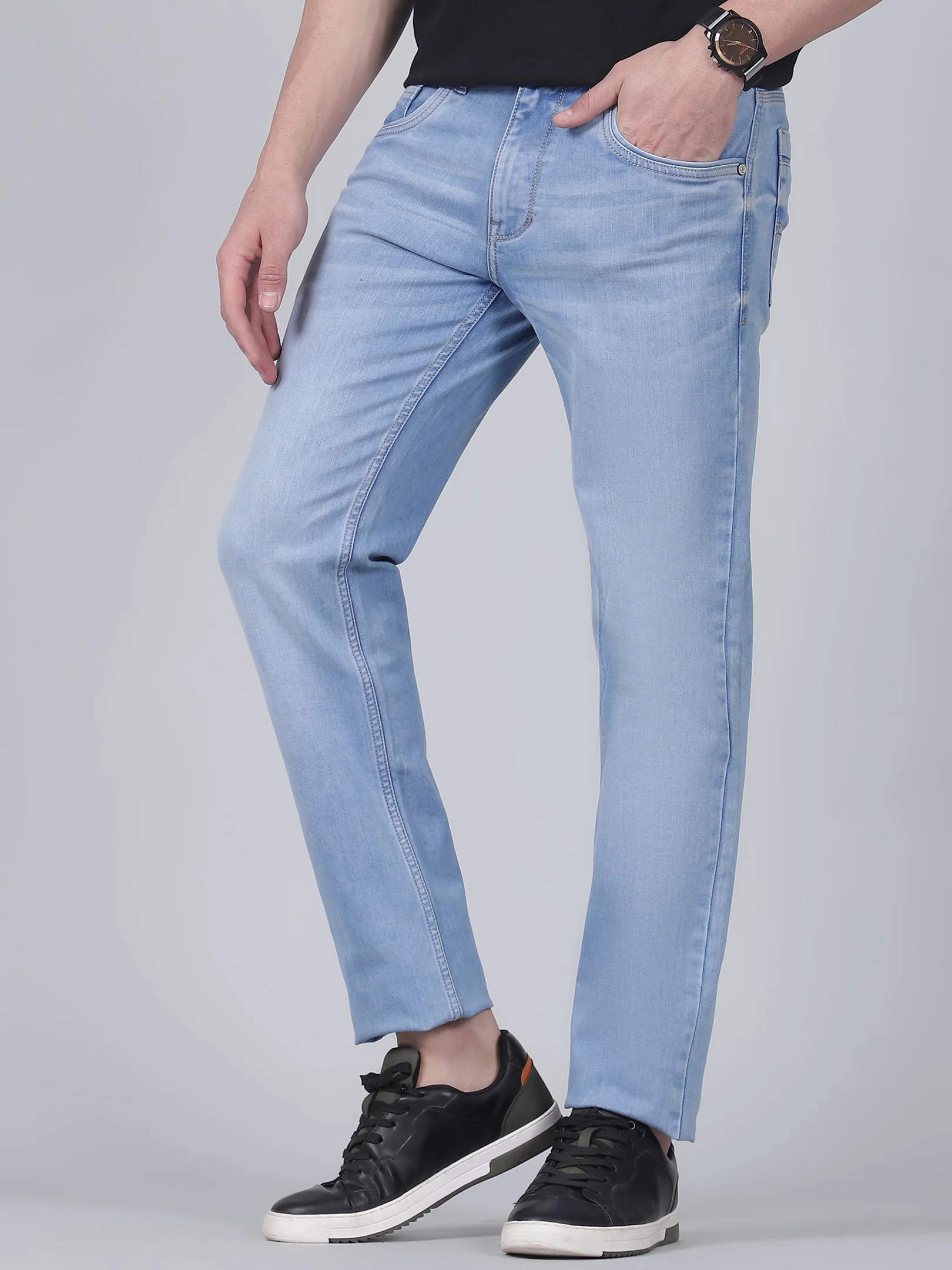 Denim Jeans for Men l Breathable & Soft with Color Fastness Ultra Narrow Fit Cotton Fabric Solid Pattern Button Closure - Image 3