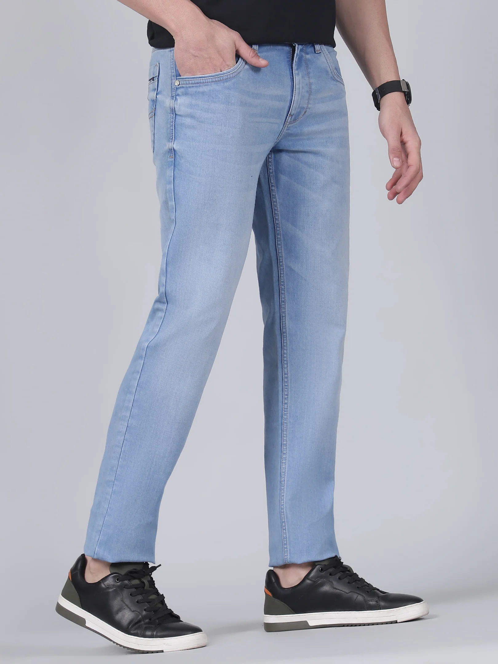 Denim Jeans for Men l Breathable & Soft with Color Fastness Ultra Narrow Fit Cotton Fabric Solid Pattern Button Closure - Image 5
