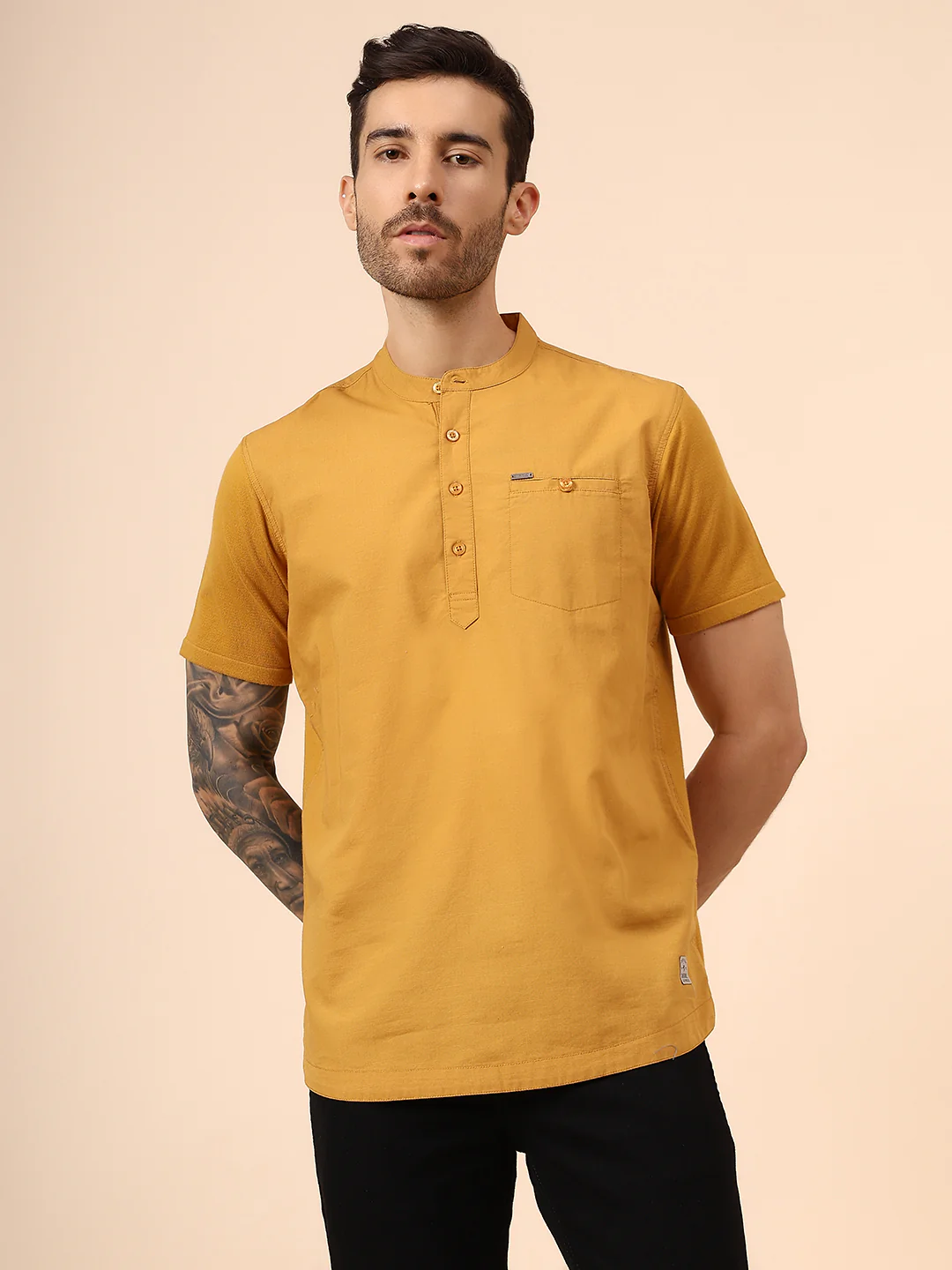 Men's Solid Mustard Mandarin Collar Half Sleeves Casual Shirt Kurta - Image 2