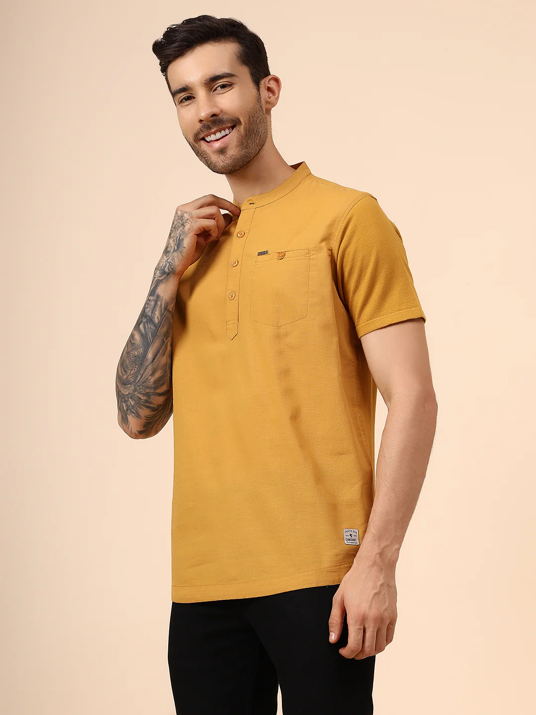 Men's Solid Mustard Mandarin Collar Half Sleeves Casual Shirt Kurta - Image 3