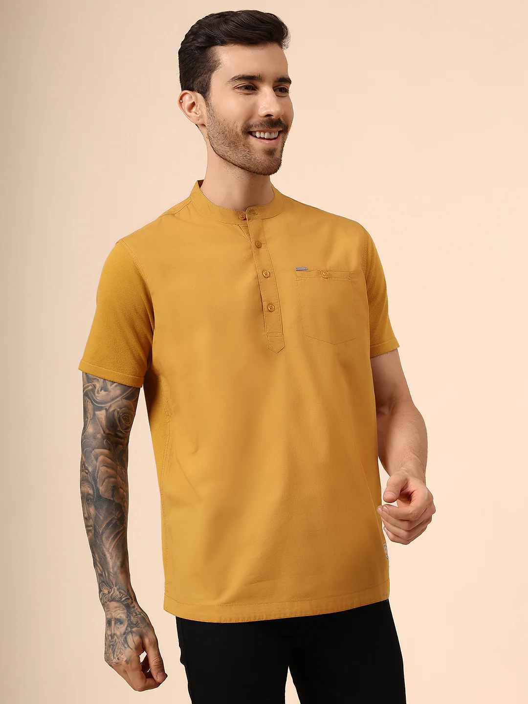 Men's Solid Mustard Mandarin Collar Half Sleeves Casual Shirt Kurta - Image 4