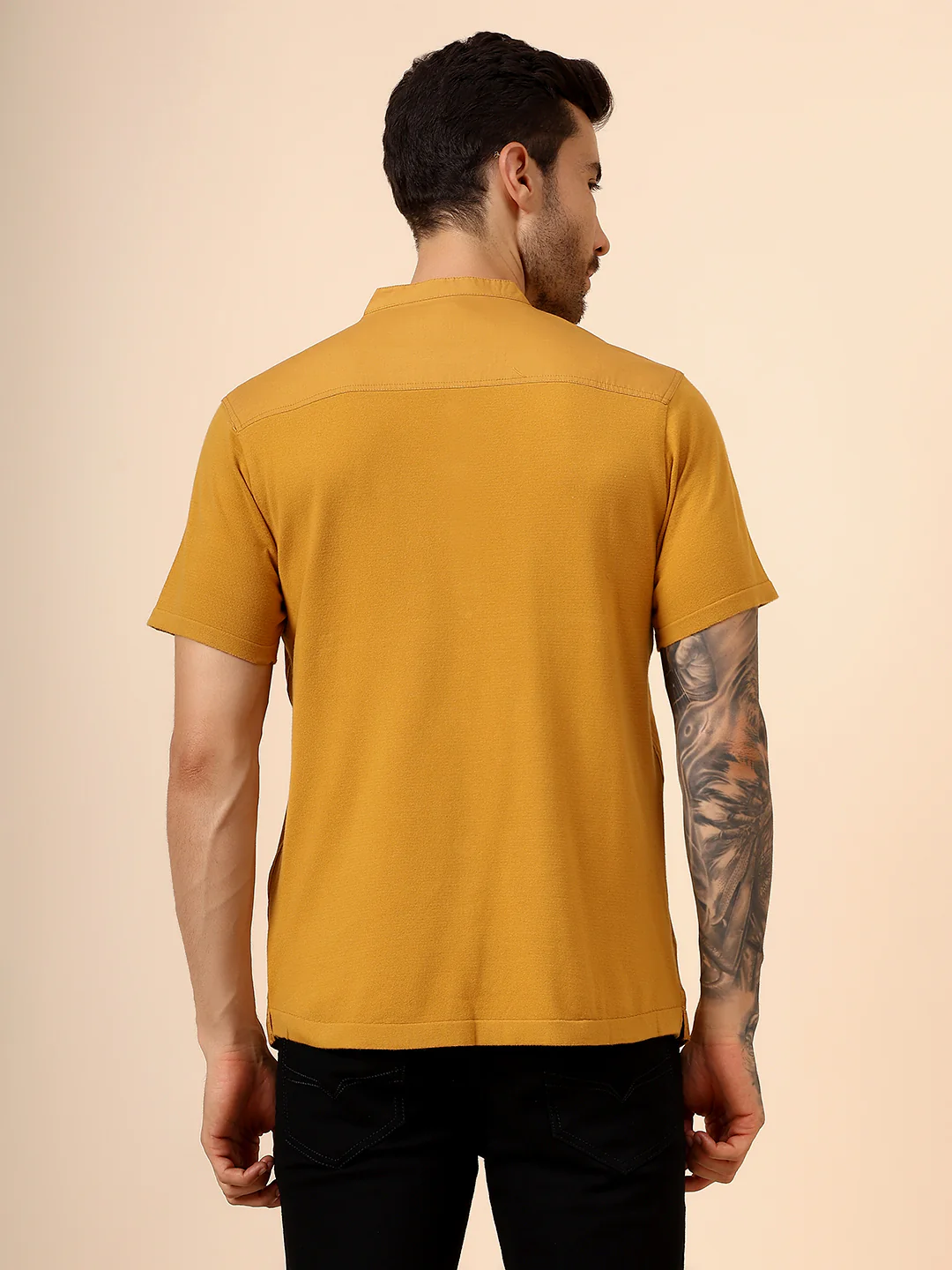Men's Solid Mustard Mandarin Collar Half Sleeves Casual Shirt Kurta - Image 5