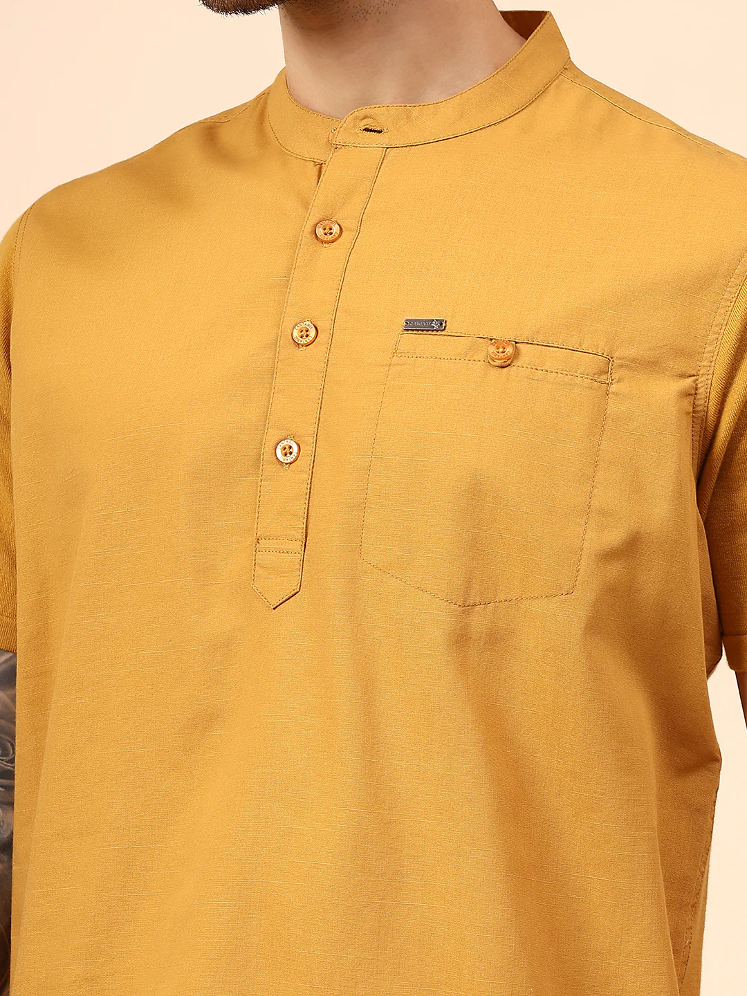 Men's Solid Mustard Mandarin Collar Half Sleeves Casual Shirt Kurta - Image 6