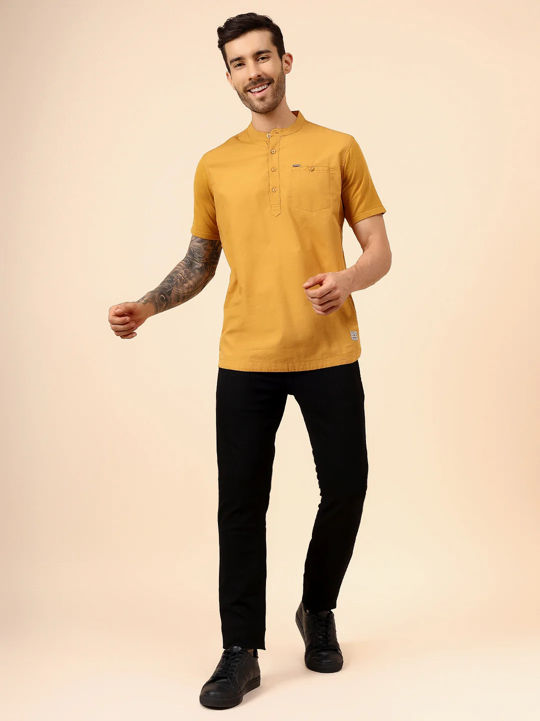 Men's Solid Mustard Mandarin Collar Half Sleeves Casual Shirt Kurta - Image 7