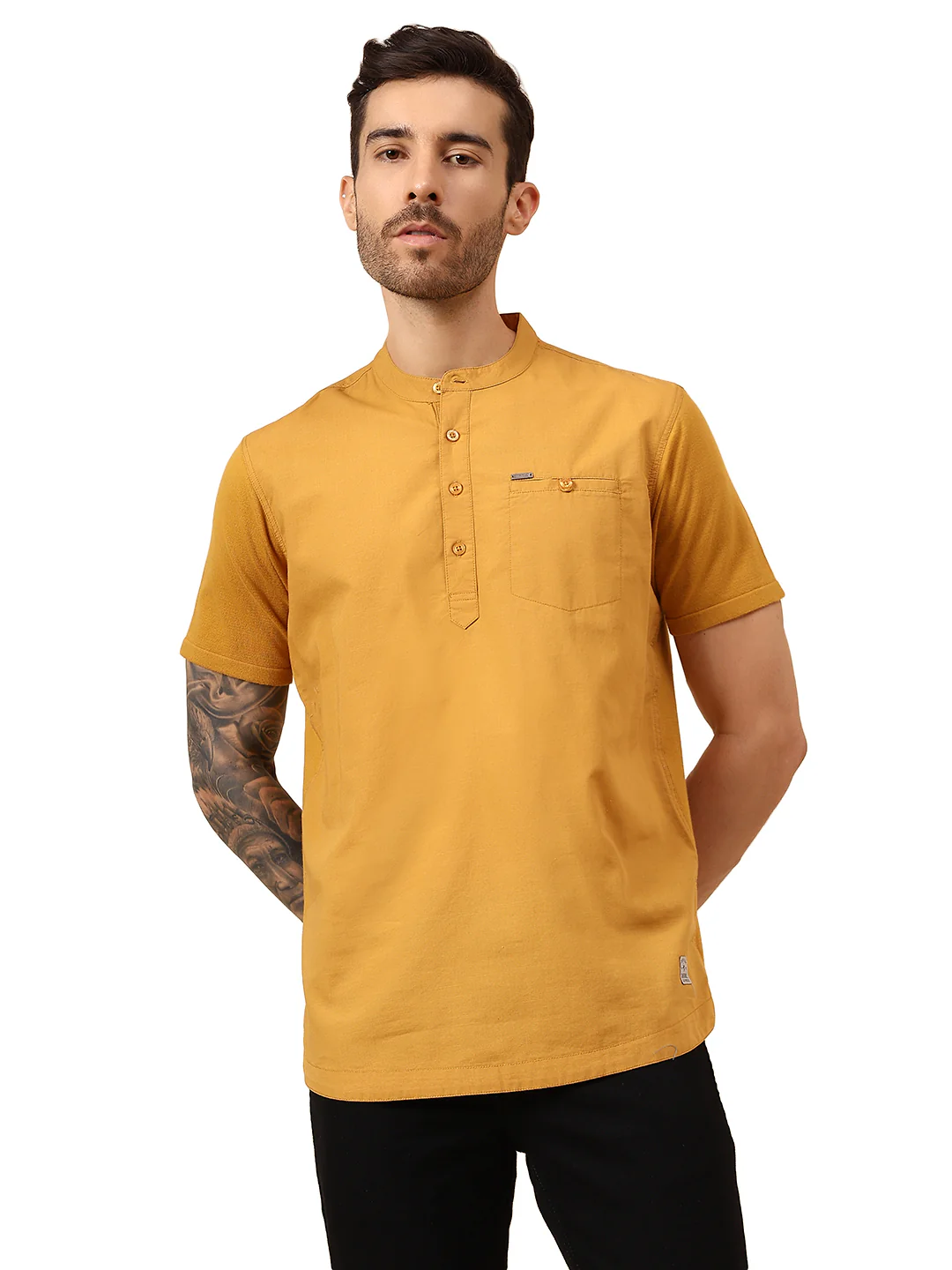 Men's Solid Mustard Mandarin Collar Half Sleeves Casual Shirt Kurta - Image 8