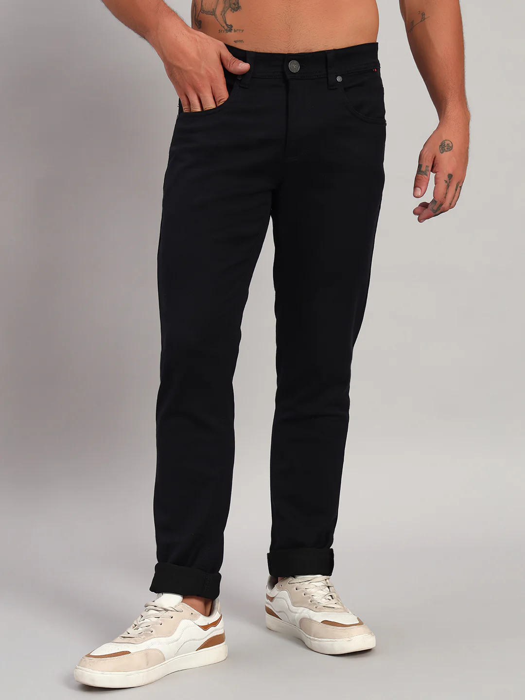 Denim Jeans for Men l Breathable & Soft with Color Fastness Ultra Narrow Fit Cotton Fabric Solid Pattern Button Closure - Image 2
