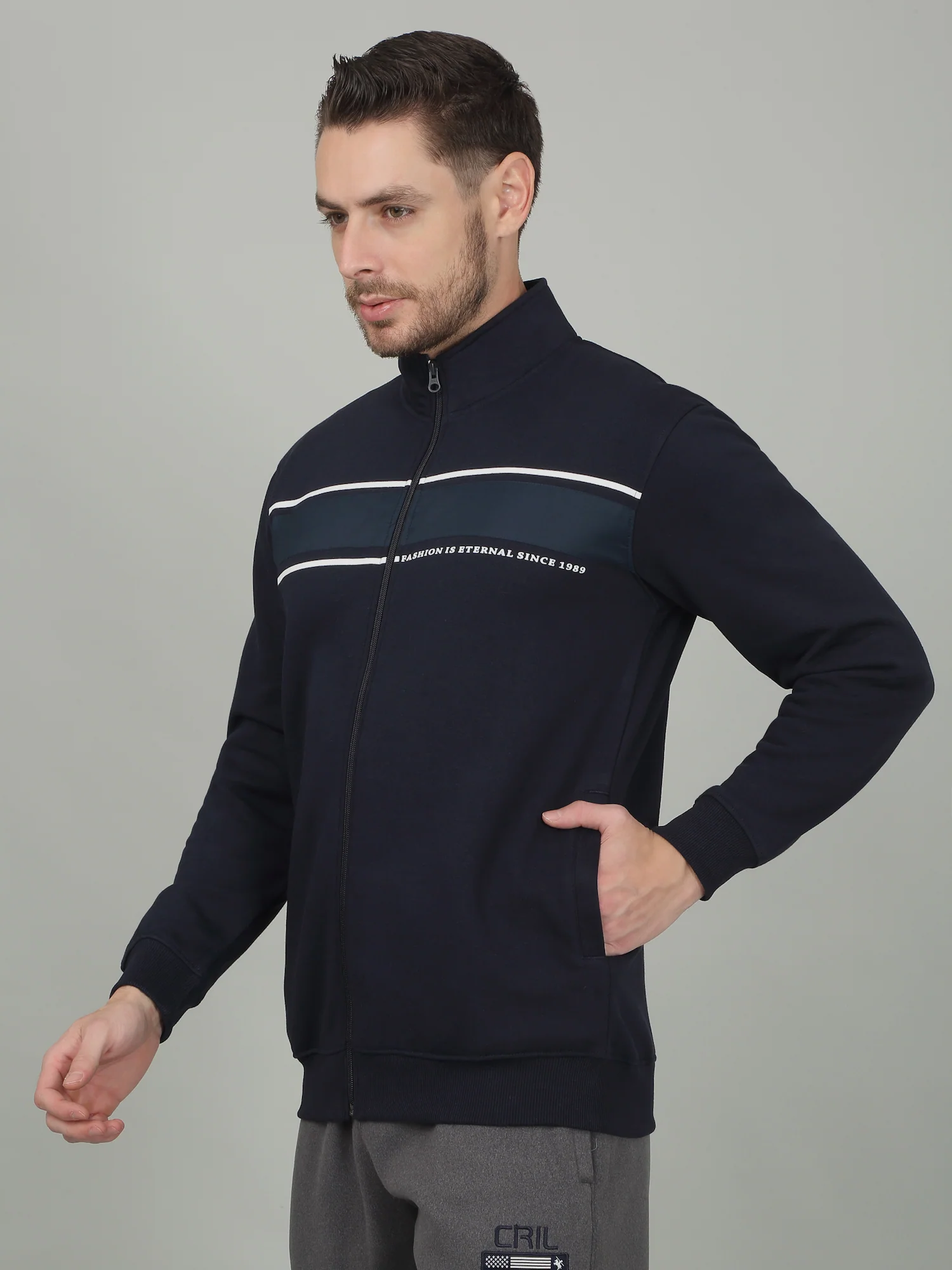 Men's Solid Navy Blue Mock Neck Sweatshirt - Image 3