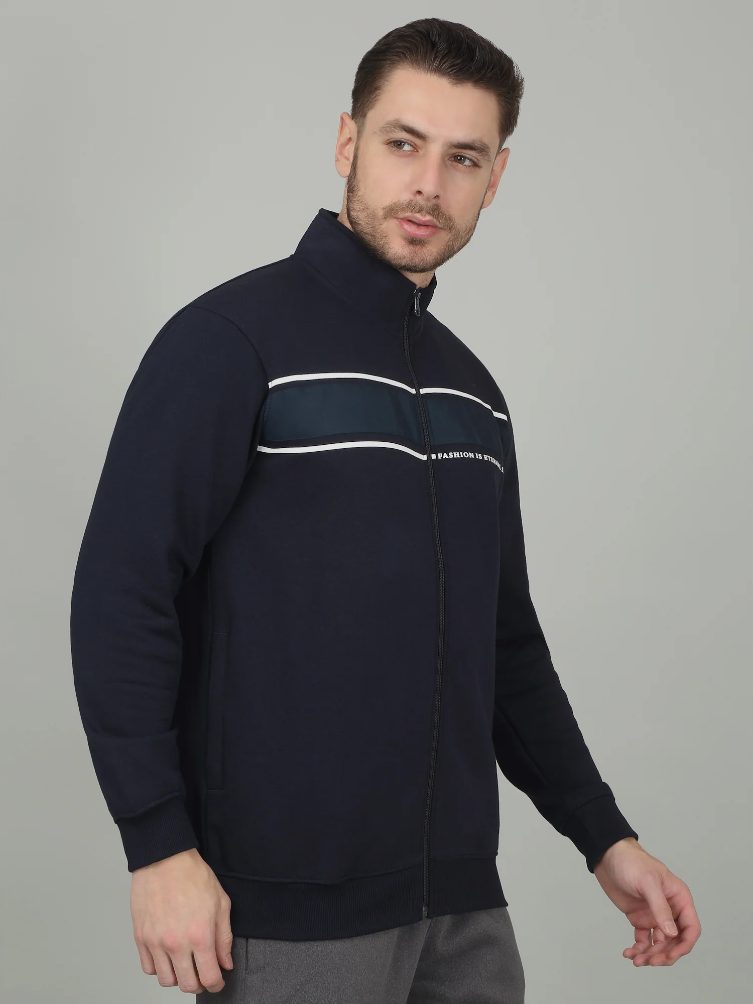 Men's Solid Navy Blue Mock Neck Sweatshirt - Image 4