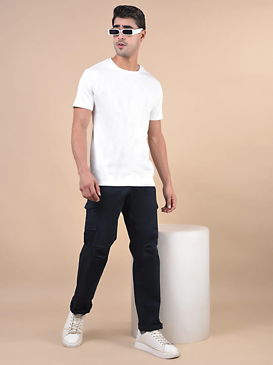 Men's Solid Navy Blue Regular Fit Casual Cargo - Image 4