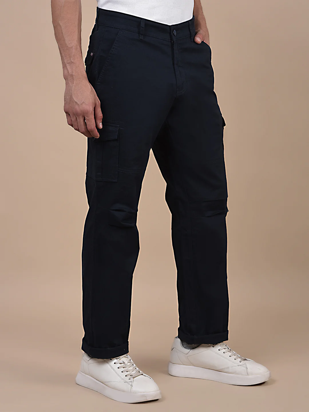 Men's Solid Navy Blue Regular Fit Casual Cargo - Image 7