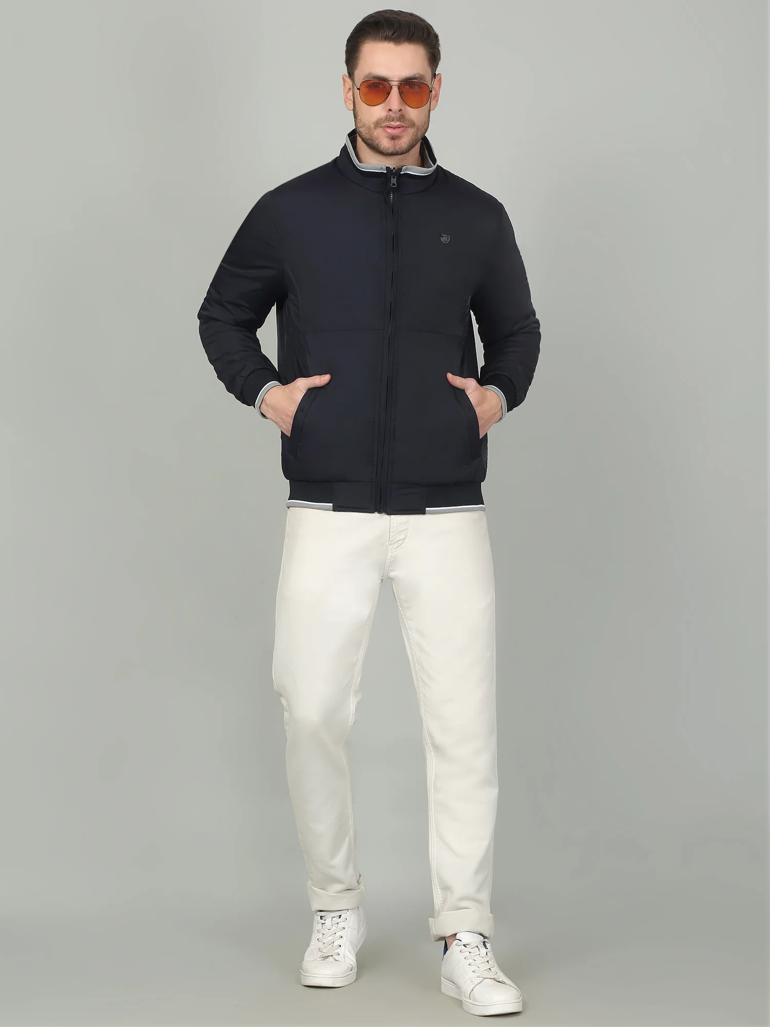 Men's Solid Navy Mock Neck Reversible Jacket - Image 3