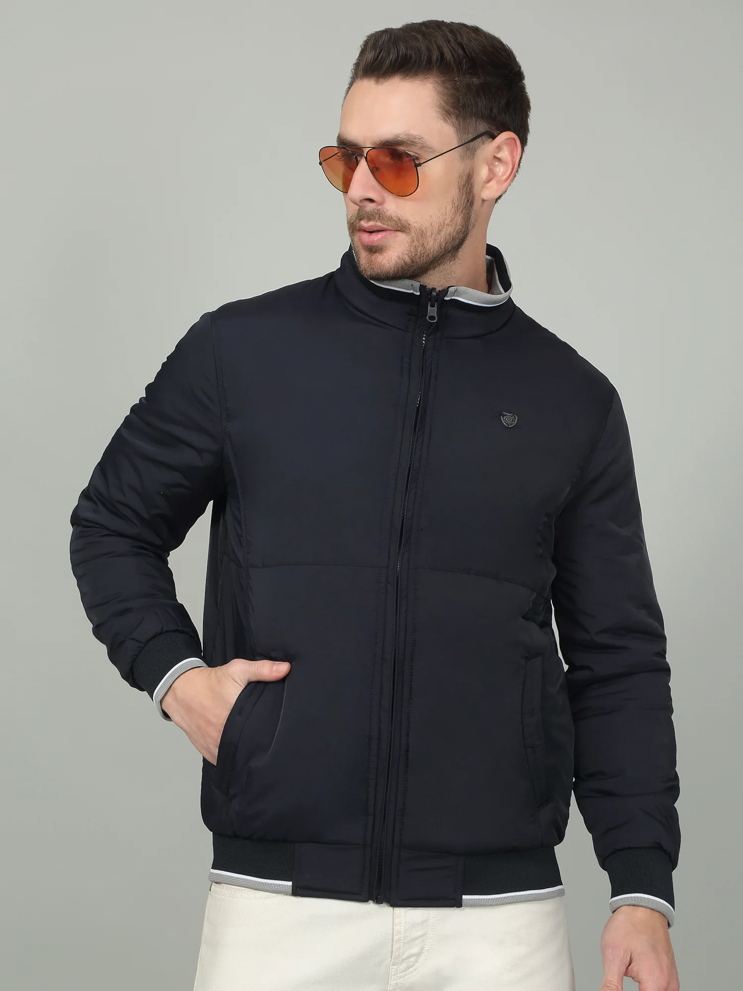Men's Solid Navy Mock Neck Reversible Jacket - Image 4