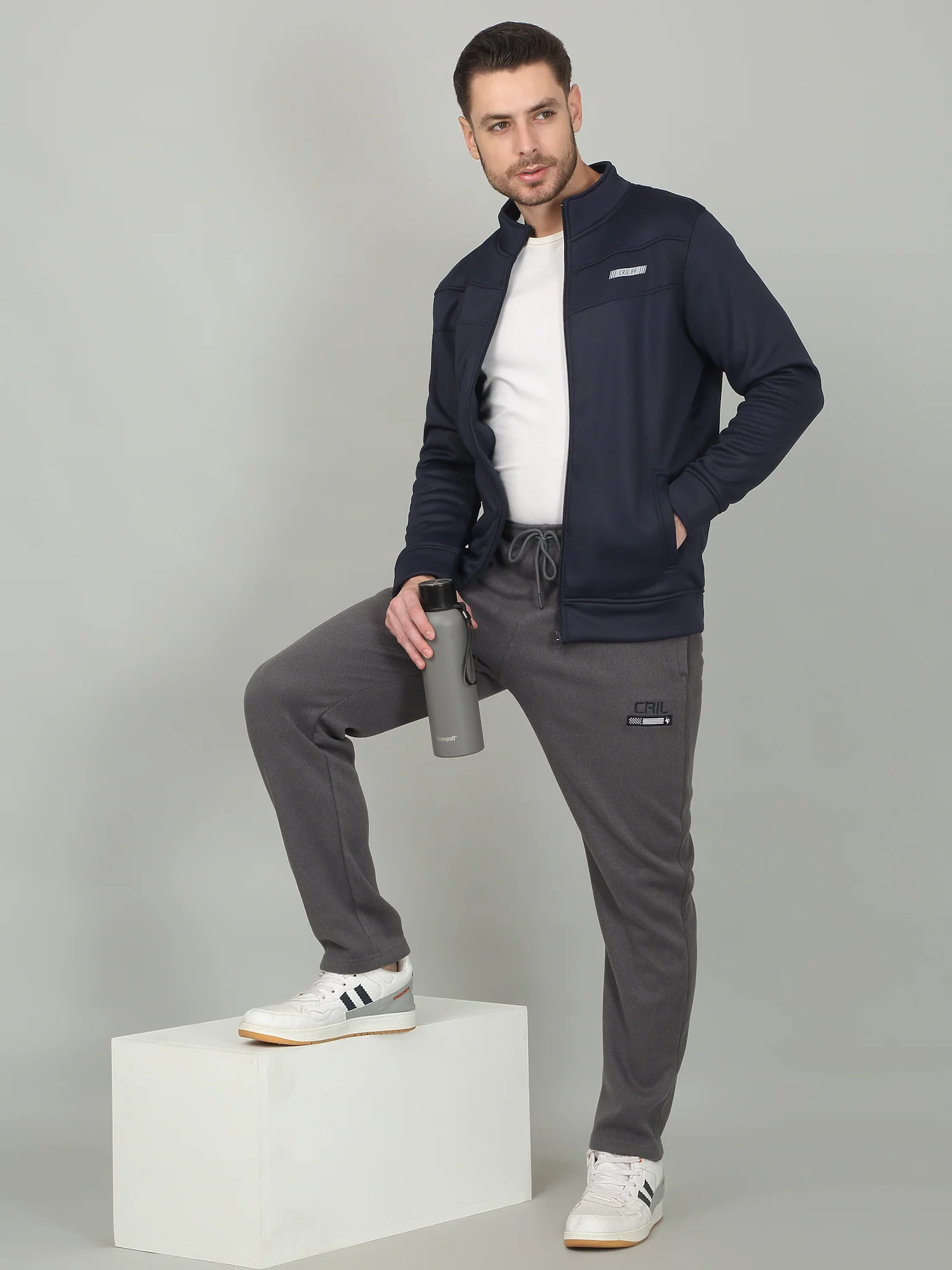 Men's Solid Navy Mock Neck Jacket - Image 2