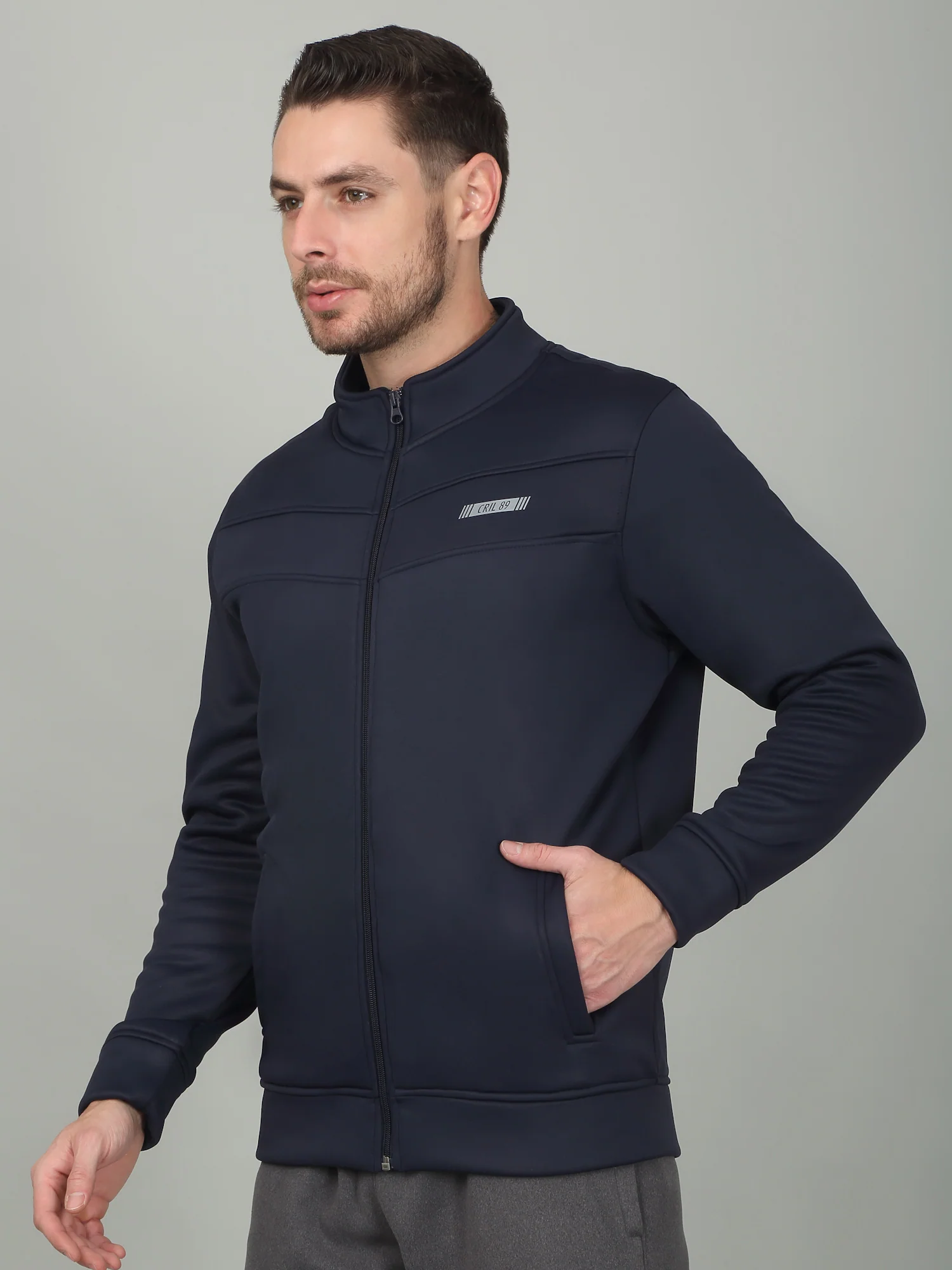 Men's Solid Navy Mock Neck Jacket - Image 3