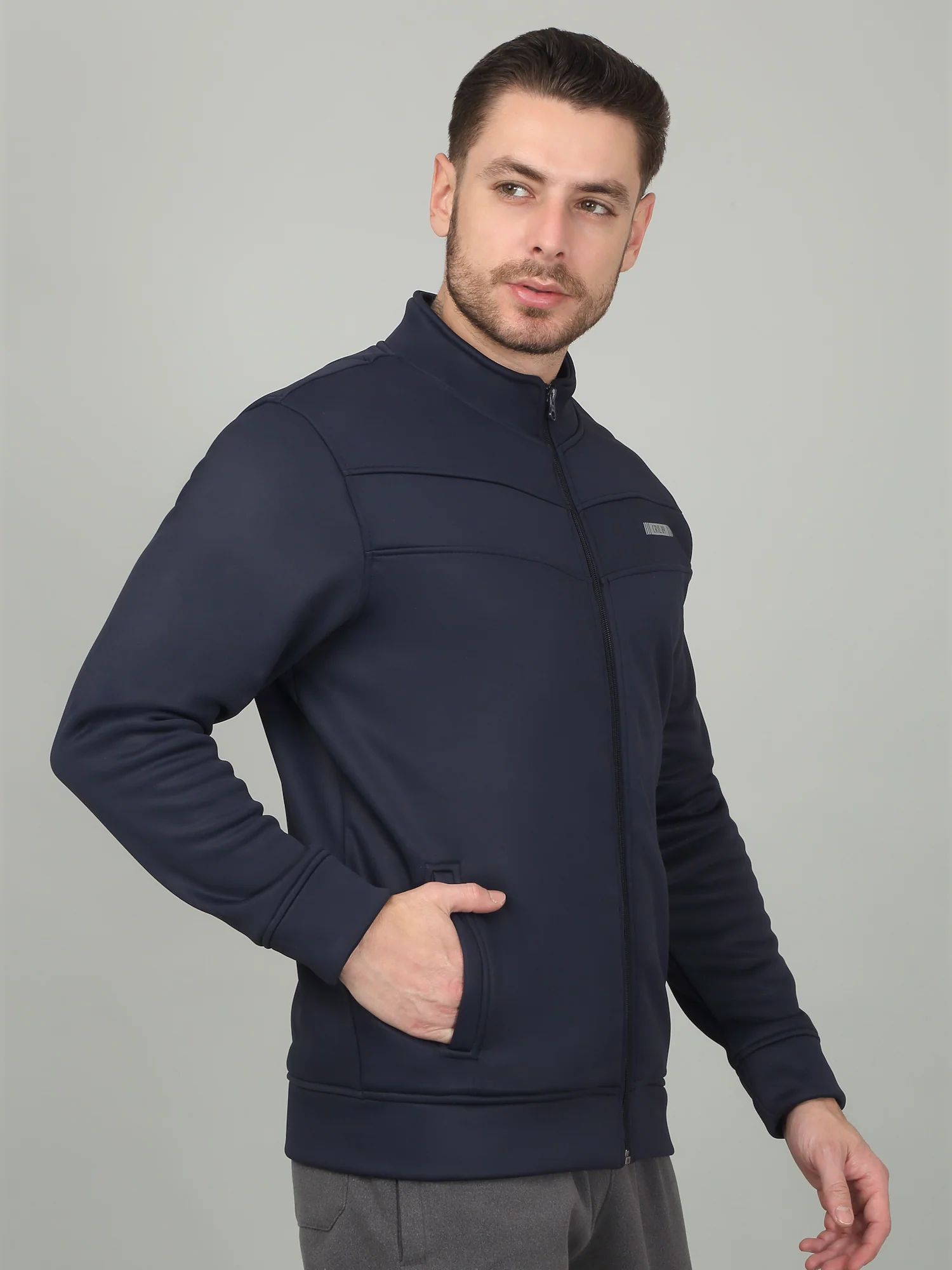 Men's Solid Navy Mock Neck Jacket - Image 4