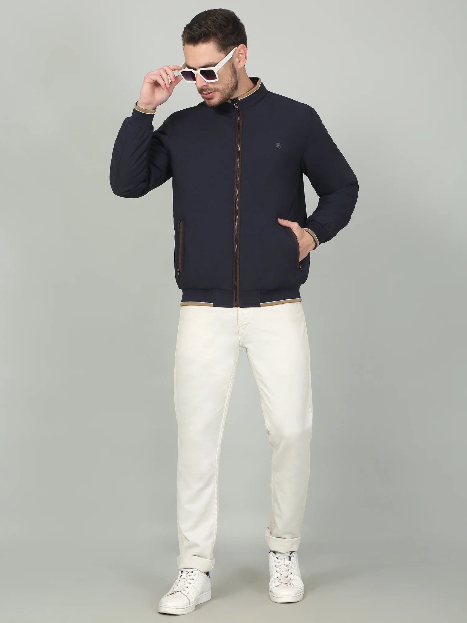 Men's Solid Navy Mock Neck Reversible Jacket - Image 3